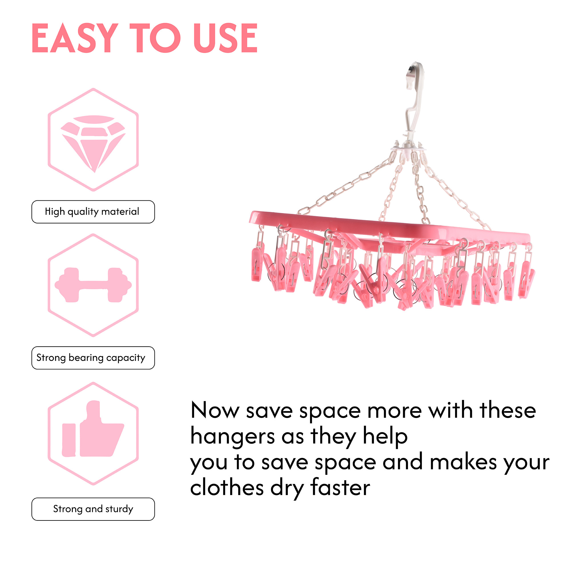 Kuber Industries 360 Rotatable Plastic Hanging Clothes Drying Stand with 32 Clips  Space-Saving  Convenient Clothes Stand for Drying - Ideal for Baby Clothes Socks  Delicates  Pink