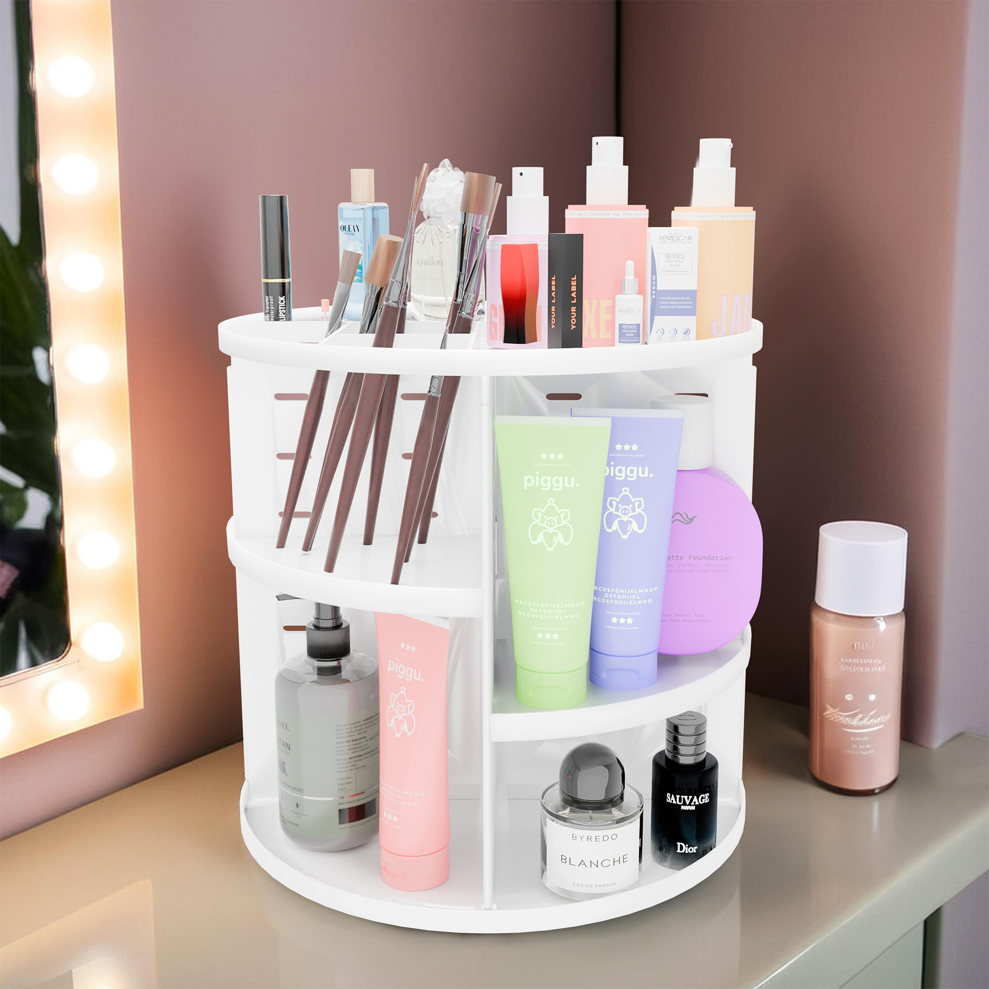 Kuber Industries 360 Rotating Makeup Organizer Stand  7 Adjustable Layers Dressing Table Organiser for Cosmetics Perfume and Lipstick  Skincare Storage Vanity Makeup Brush Holder  White