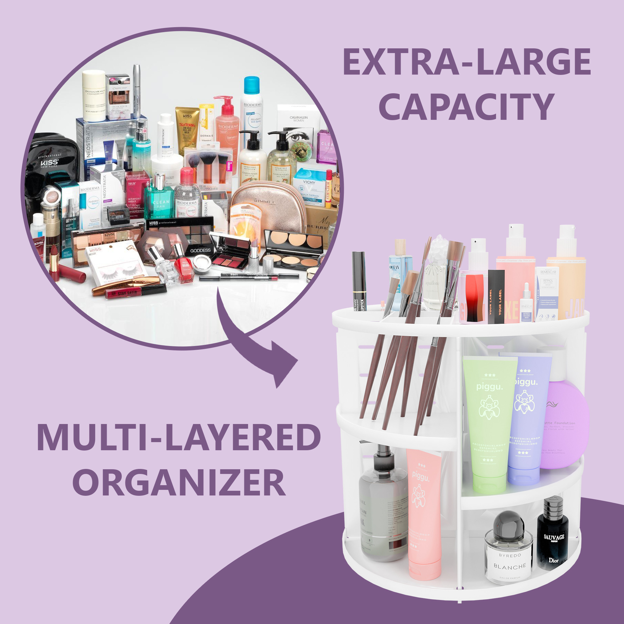 Kuber Industries 360 Rotating Makeup Organizer Stand  7 Adjustable Layers Dressing Table Organiser for Cosmetics Perfume and Lipstick  Skincare Storage Vanity Makeup Brush Holder  White