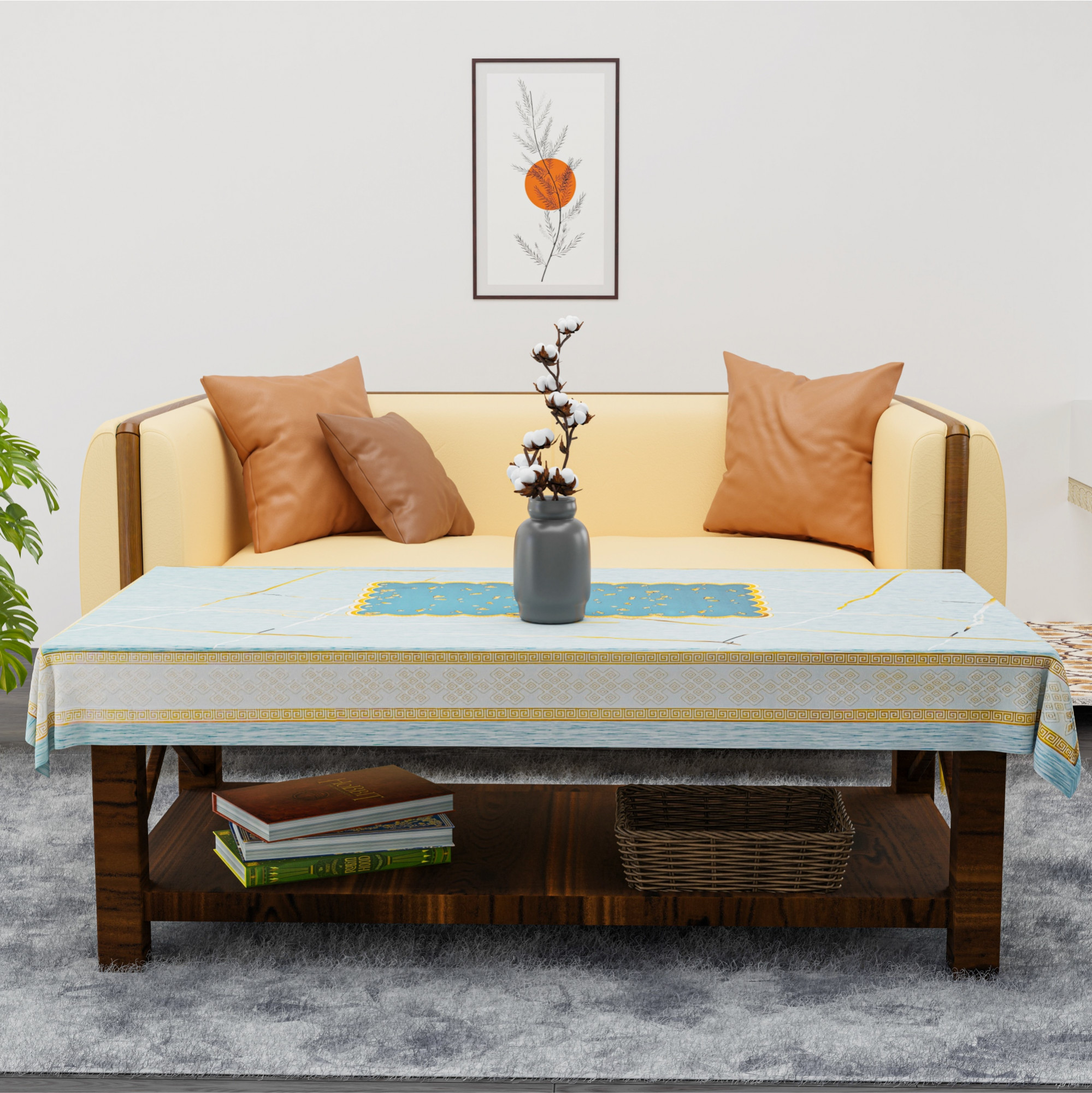 Kuber Industries 36x60 Inch PVC Center Table Cover Cloth 4 Seater for Teapoy  Water Resistant Tablecloth  Marble Lurex Pannel - Grey  Blue