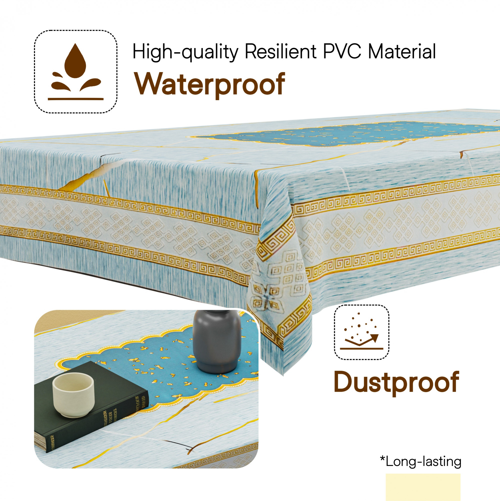 Kuber Industries 36x60 Inch PVC Center Table Cover Cloth 4 Seater for Teapoy  Water Resistant Tablecloth  Marble Lurex Pannel - Grey  Blue