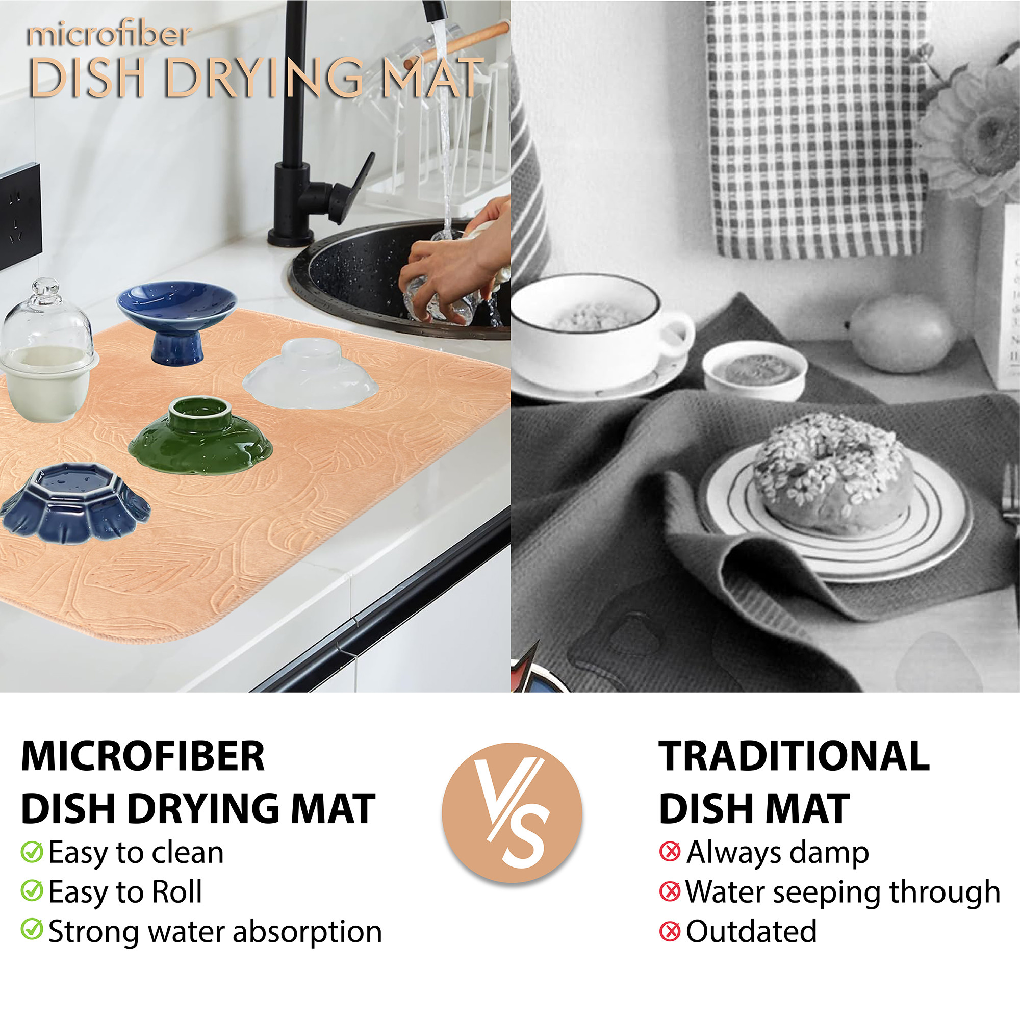 Kuber Industries 38x50 Soft Microfiber Dish Drying Mat for Kitchen  Machine Washable  Quick Drying Water Absorbing Mat for Kitchen Dishes Utensils  Crockery  Embossed Design - Cream