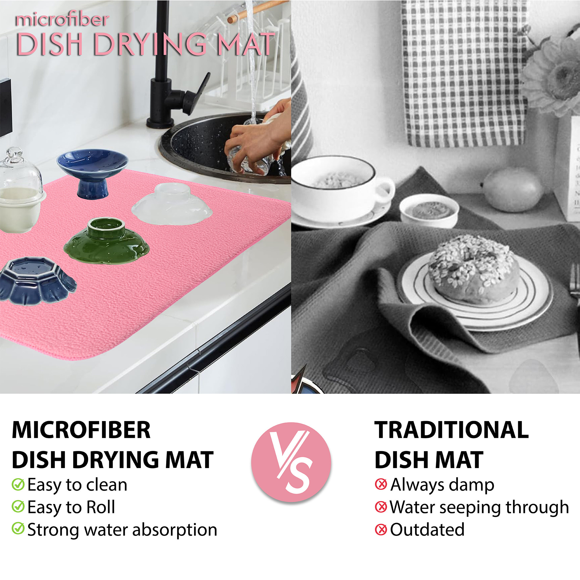 Kuber Industries 38x50 Soft Microfiber Dish Drying Mat for Kitchen  Machine Washable  Quick Drying Water Absorbing Mat for Kitchen Dishes Utensils  Crockery  Aesthetic Design - Pink