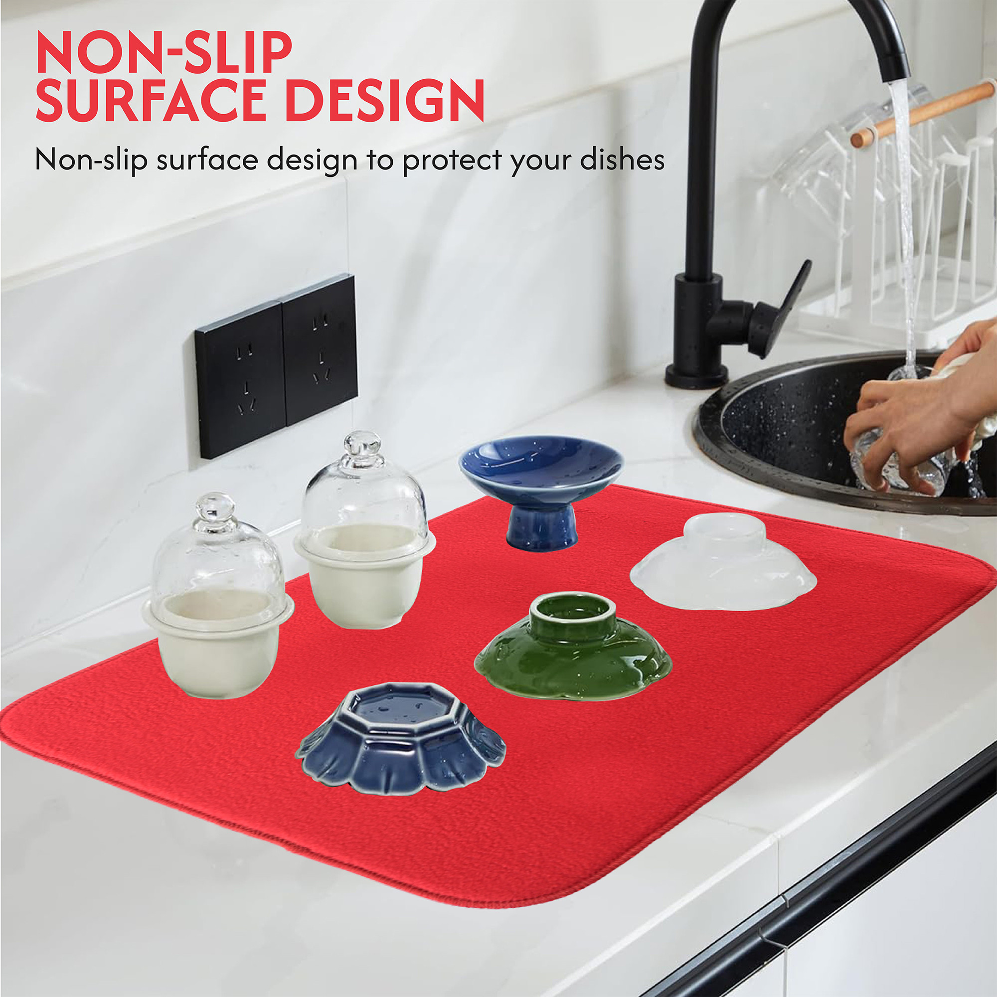 Kuber Industries 38x50 Soft Microfiber Dish Drying Mat for Kitchen  Machine Washable  Quick Drying Water Absorbing Mat for Kitchen Dishes Utensils  Crockery  Aesthetic Design - Red