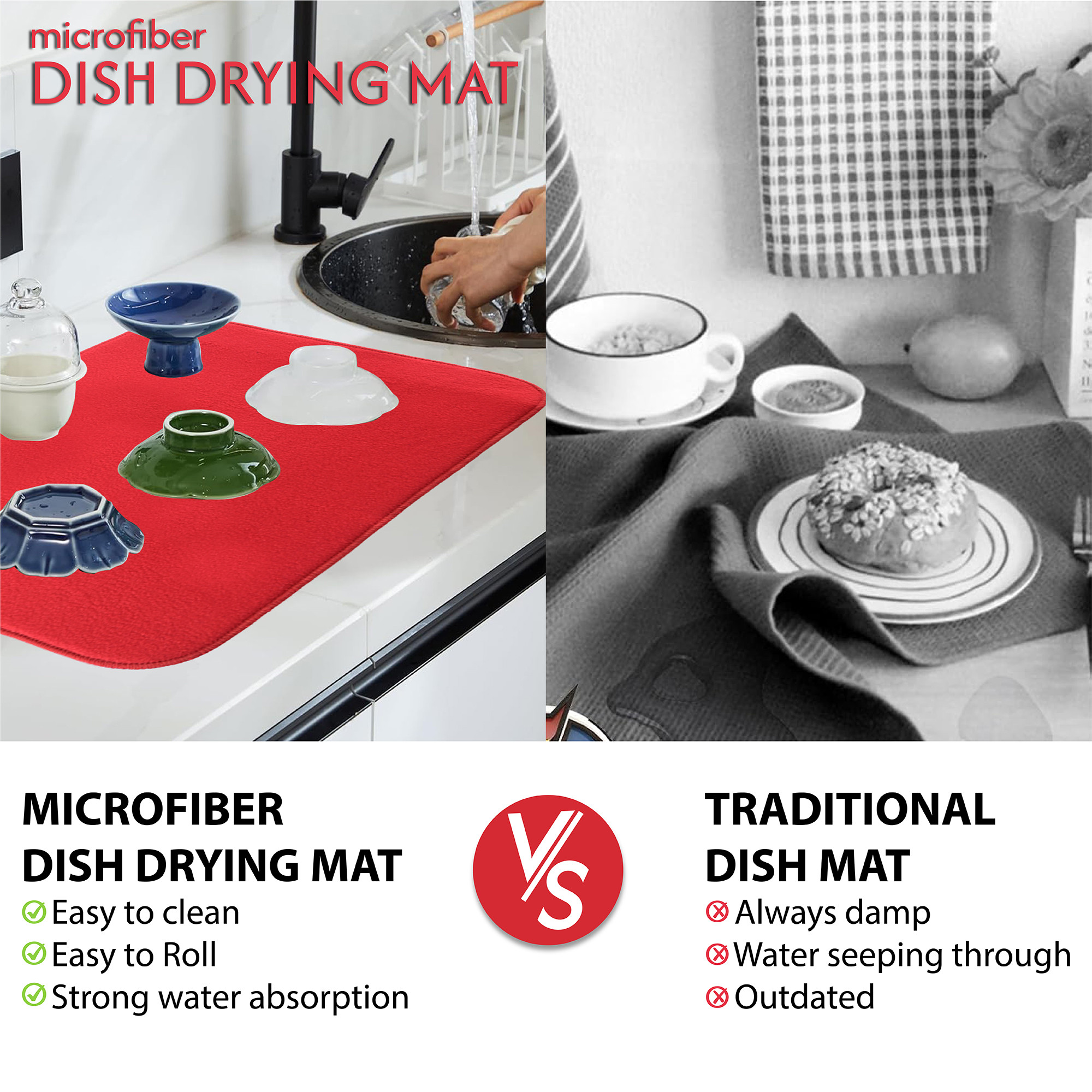 Kuber Industries 38x50 Soft Microfiber Dish Drying Mat for Kitchen  Machine Washable  Quick Drying Water Absorbing Mat for Kitchen Dishes Utensils  Crockery  Aesthetic Design - Red