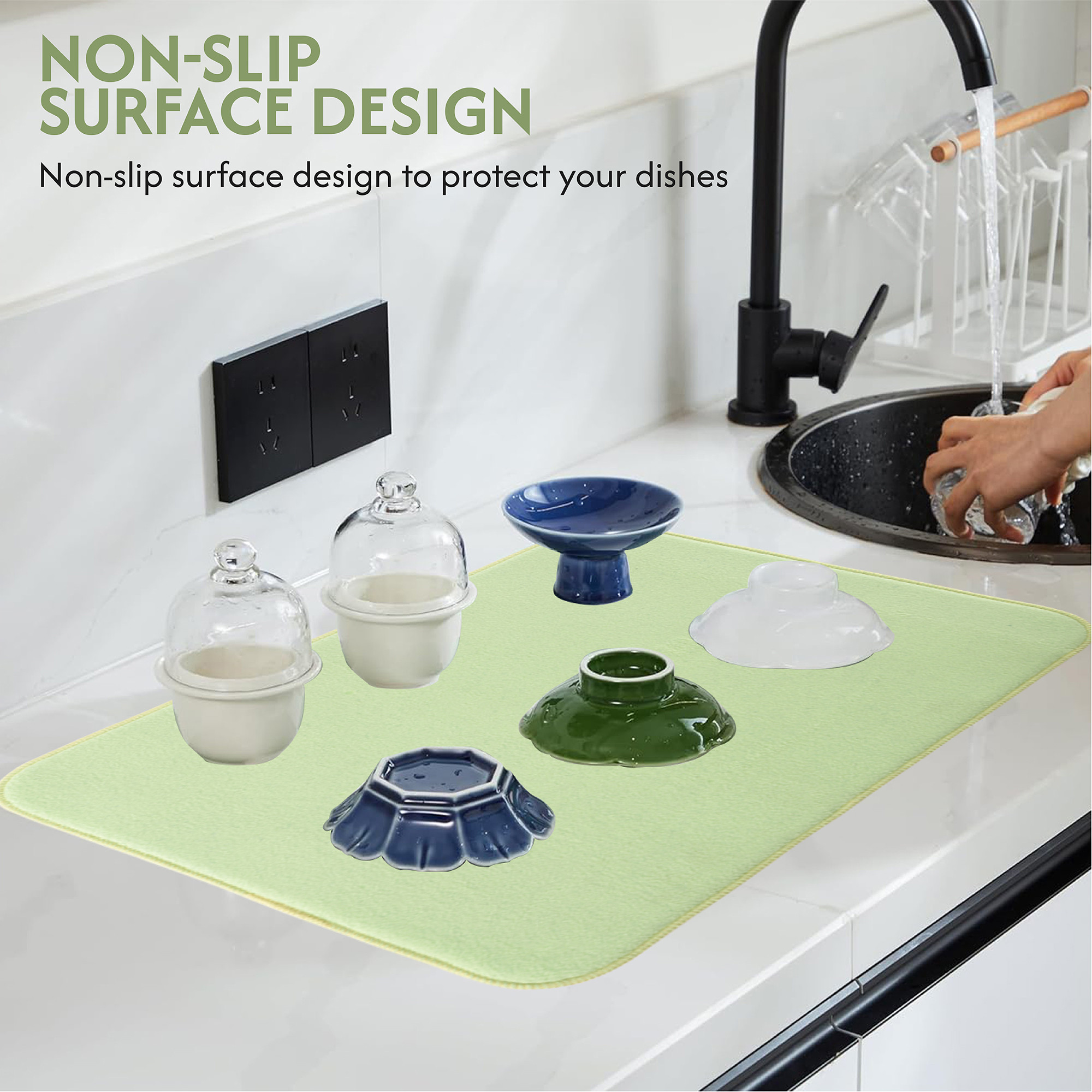 Kuber Industries 38x50 Soft Microfiber Dish Drying Mat for Kitchen  Machine Washable  Quick Drying Water Absorbing Mat for Kitchen Dishes Utensils  Crockery  Aesthetic Design - Green