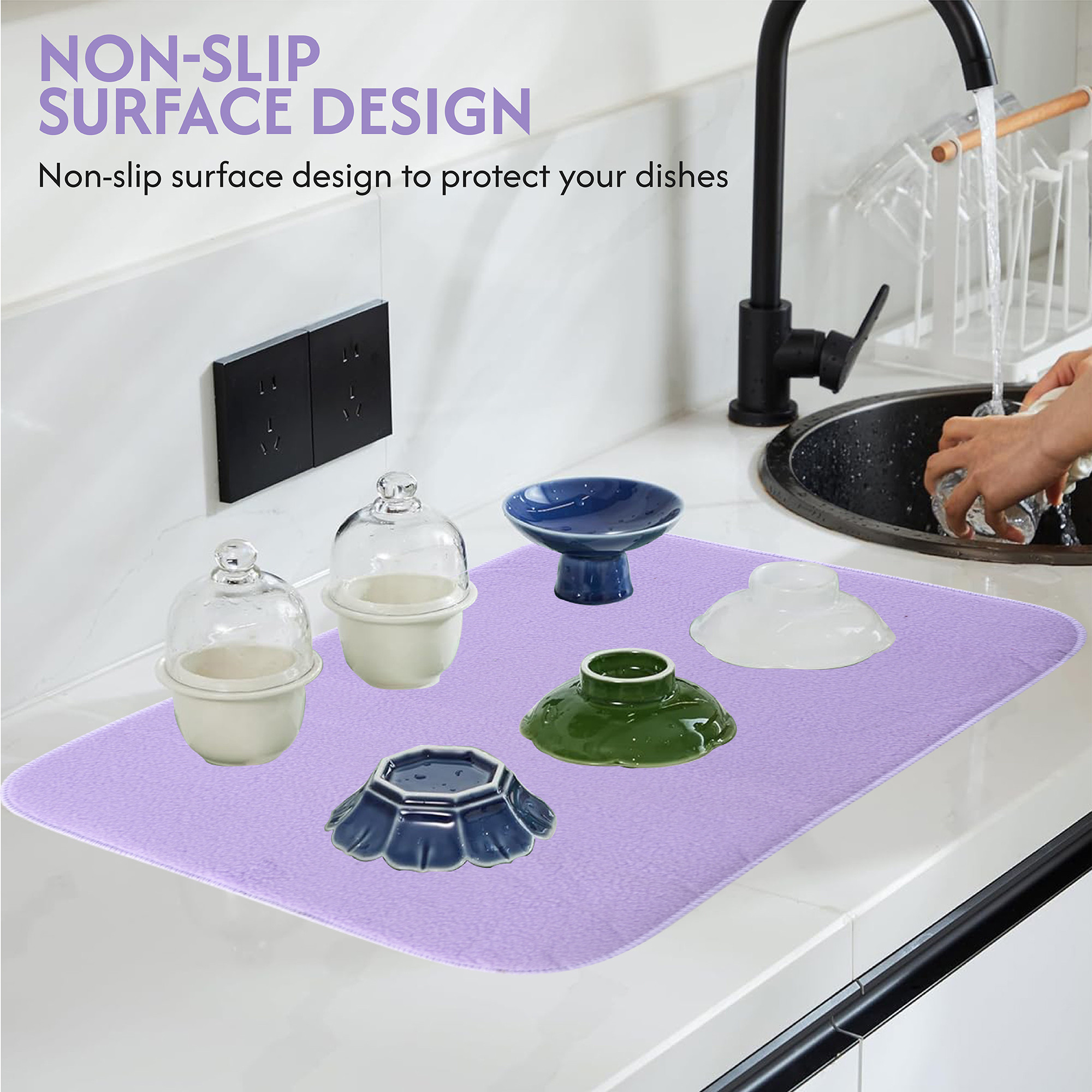 Kuber Industries 38x50 Soft Microfiber Dish Drying Mat for Kitchen  Machine Washable  Quick Drying Water Absorbing Mat for Kitchen Dishes Utensils  Crockery  Aesthetic Design - Purple