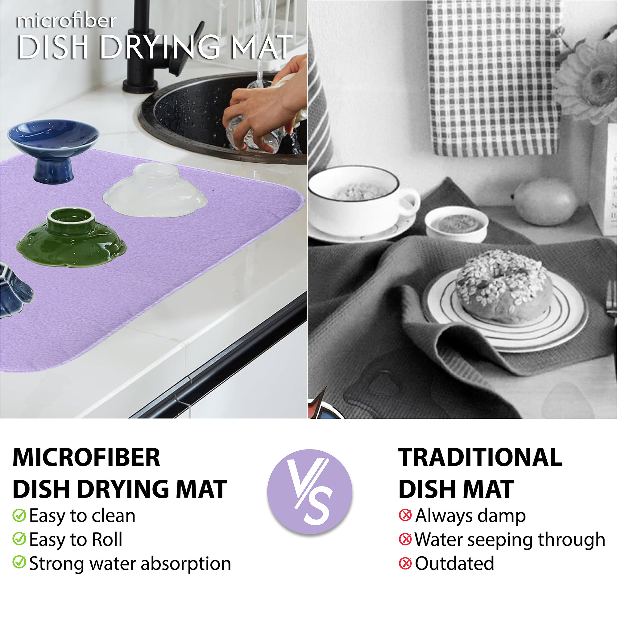 Kuber Industries 38x50 Soft Microfiber Dish Drying Mat for Kitchen  Machine Washable  Quick Drying Water Absorbing Mat for Kitchen Dishes Utensils  Crockery  Aesthetic Design - Purple