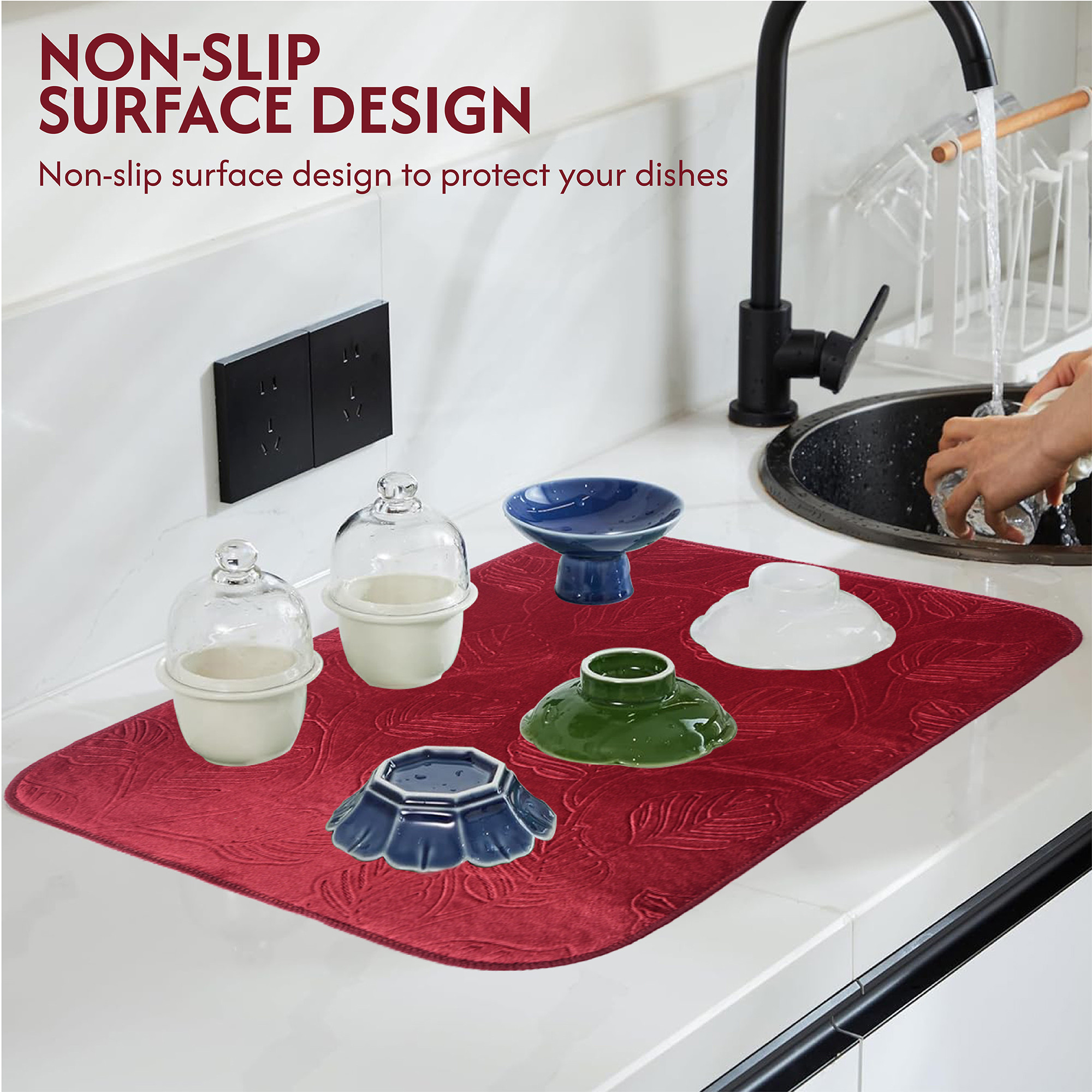 Kuber Industries 38x50 Soft Microfiber Dish Drying Mat for Kitchen  Machine Washable  Quick Drying Water Absorbing Mat for Kitchen Dishes Utensils  Crockery  Embossed Design - Maroon