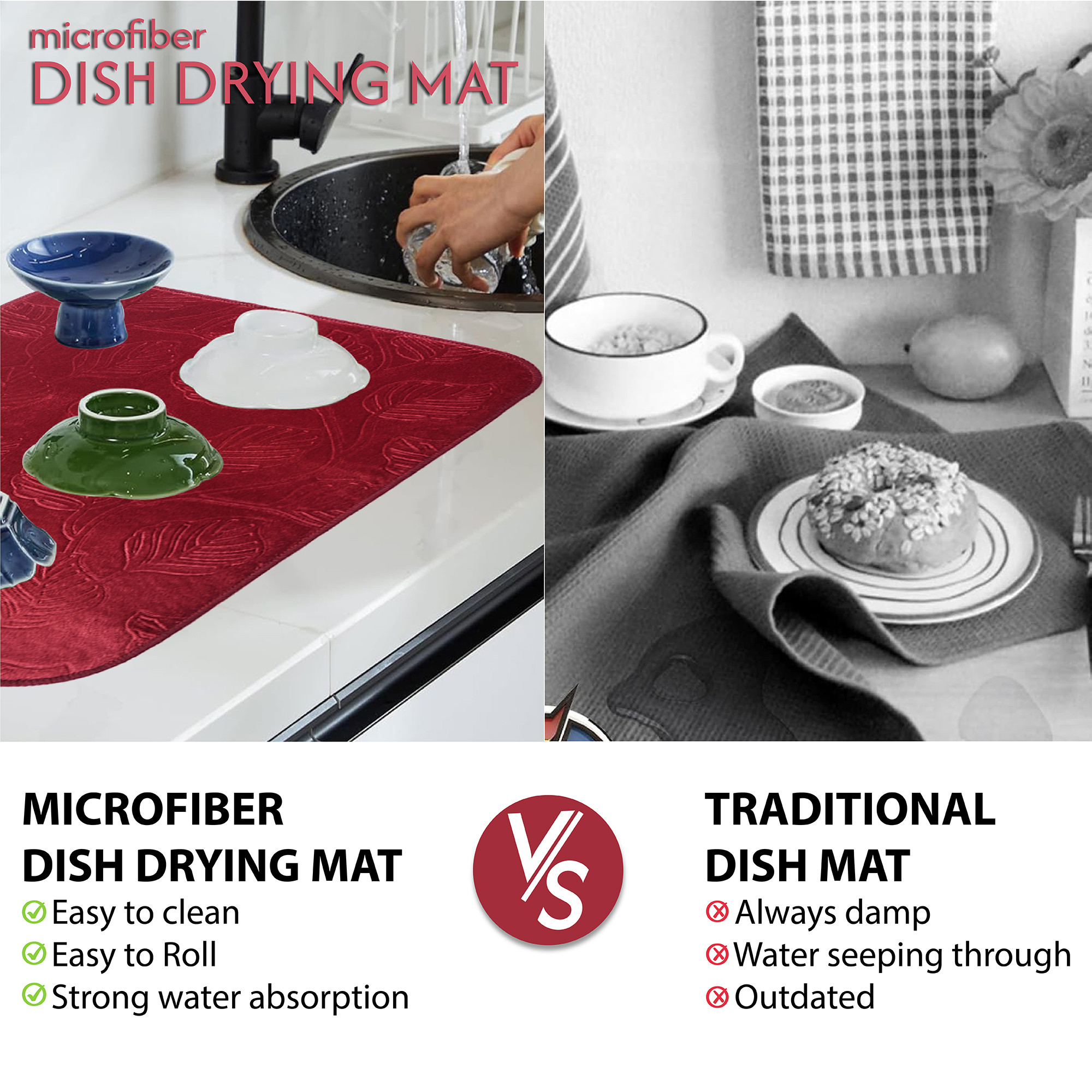 Kuber Industries 38x50 Soft Microfiber Dish Drying Mat for Kitchen  Machine Washable  Quick Drying Water Absorbing Mat for Kitchen Dishes Utensils  Crockery  Embossed Design - Maroon