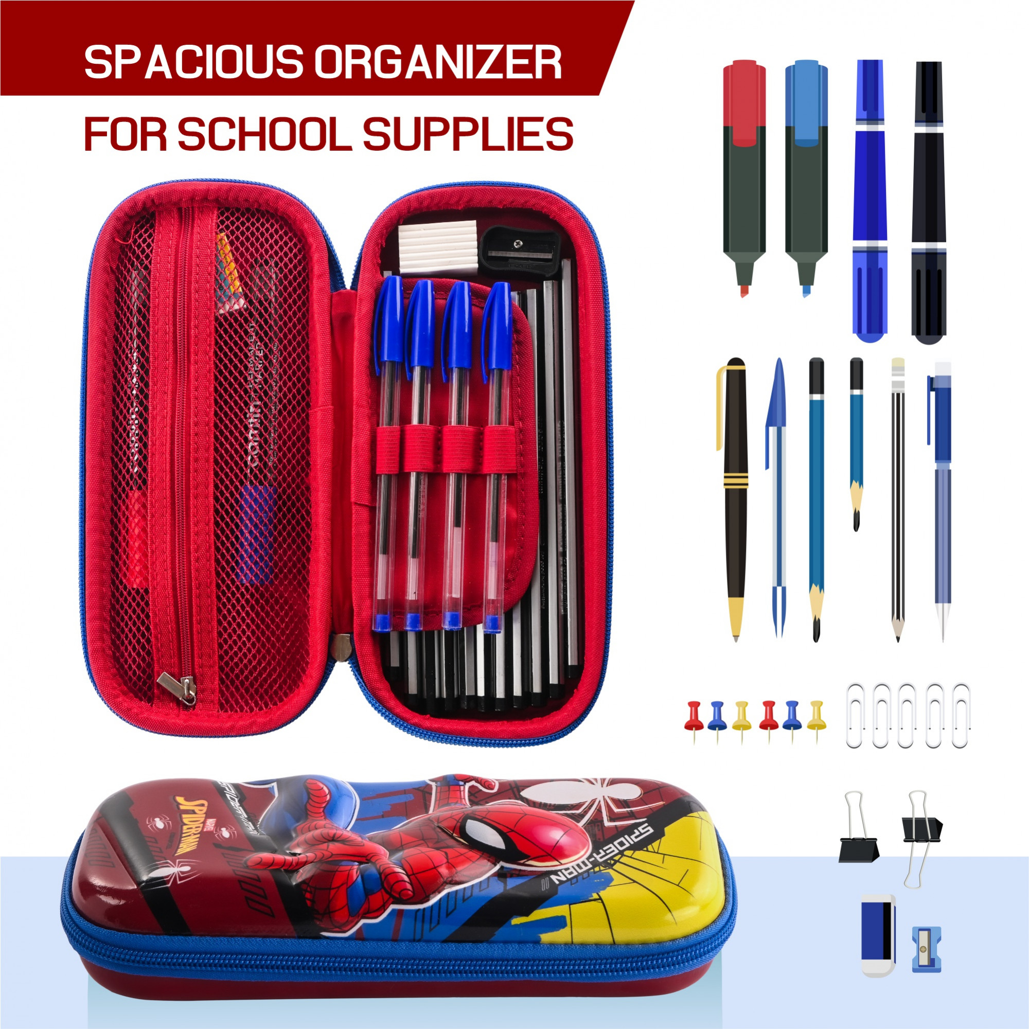 Kuber Industries 3D Kids Pencil Box Boys for School with Zip  Kids Pencil Box for Girls - Ideal for Storing Pens Markers  Erasers  Marvel Spider Man Print - Maroon