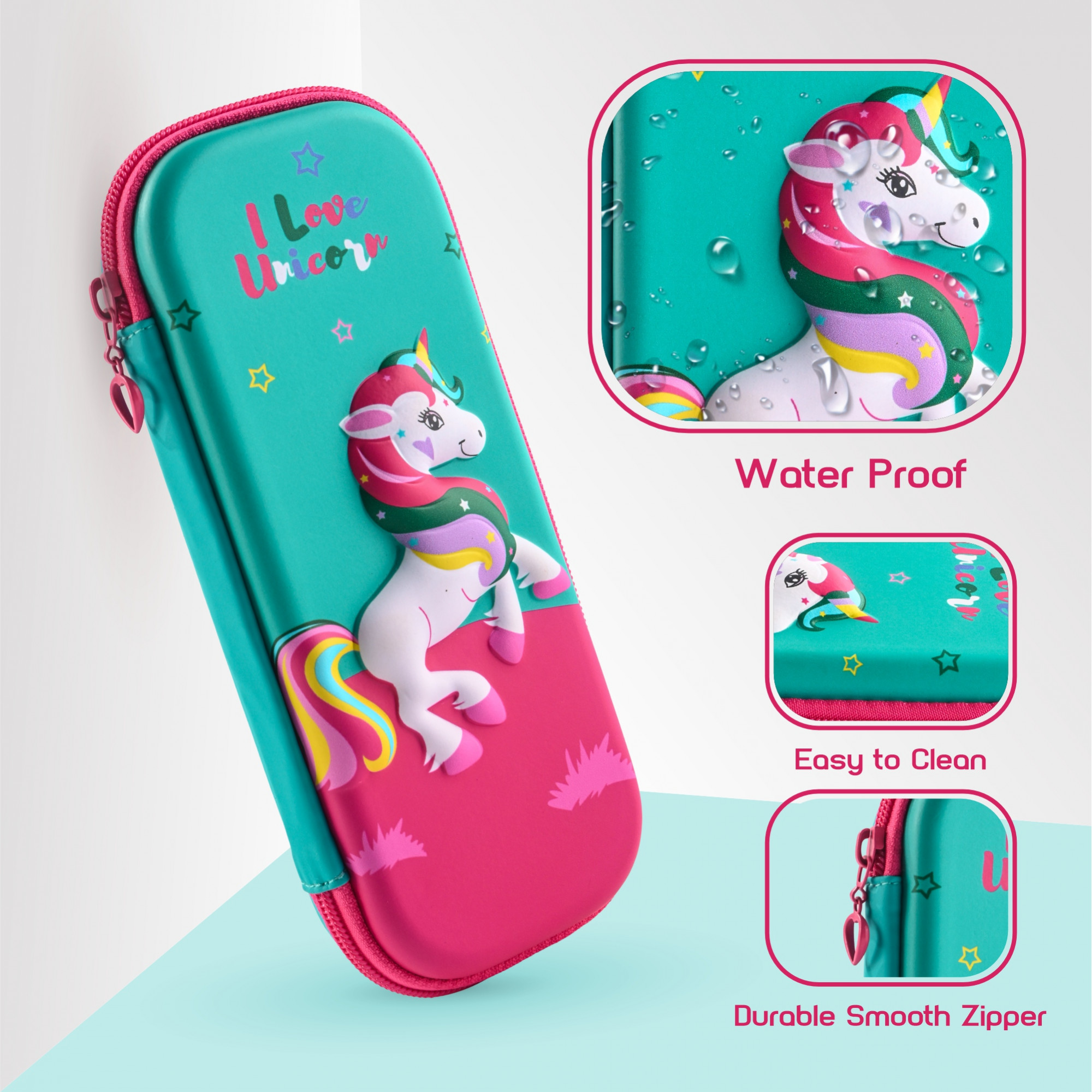 Kuber Industries 3D Kids Pencil Box for Girls with Zip  Multi-Purpose Pencil Case - Ideal for Storing Pens Markers  Erasers  Disney Unicorn Print - Green