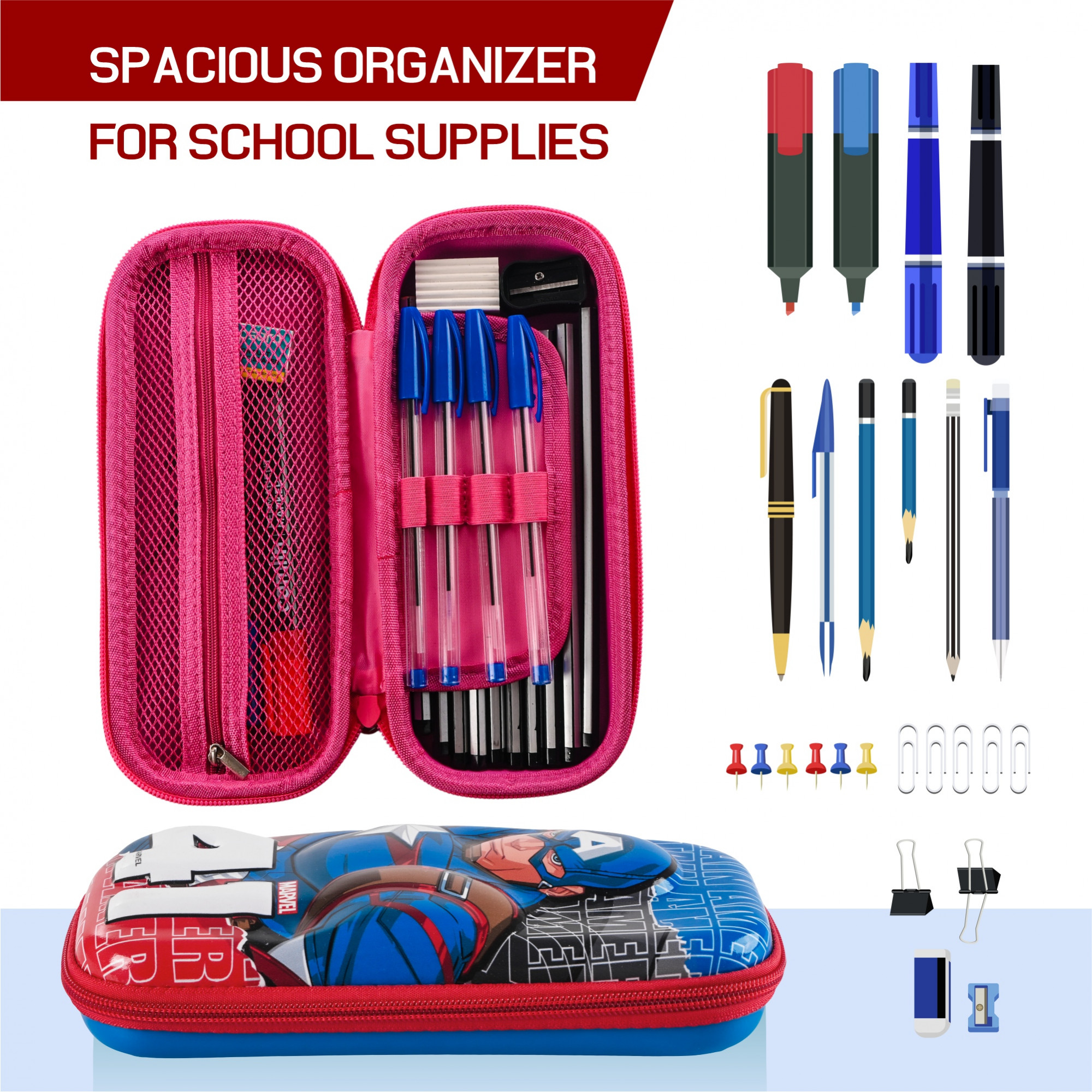 Kuber Industries 3D Pencil Box Boys for School with Zip  Kids Pencil Box for Girls - Ideal for Storing Pens  Erasers  Marvel Captain America Print - Red  Blue