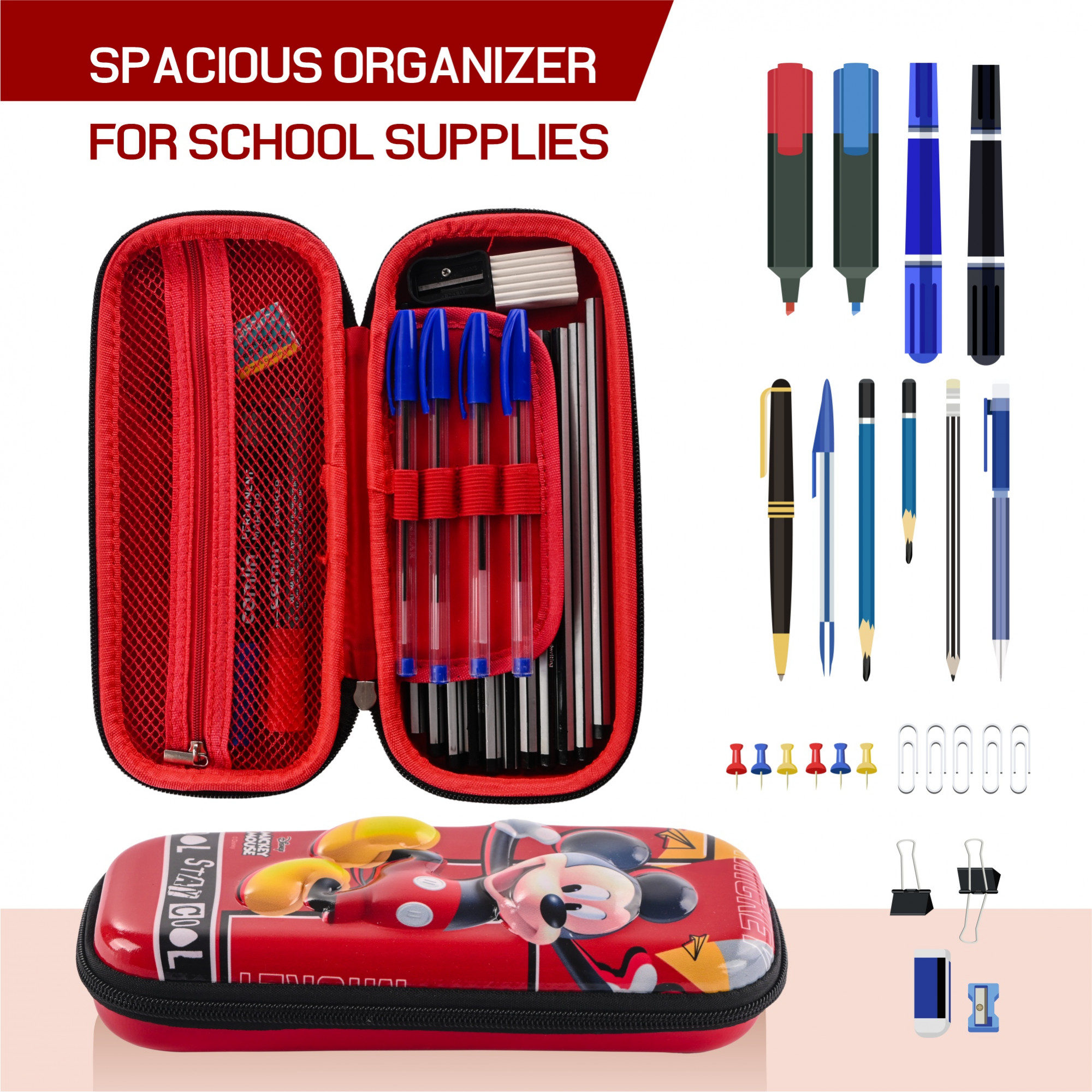 Kuber Industries 3D Pencil Box Boys for School with Zip  Kids Pencil Box for Girls - Ideal for Storing Pens Markers  Erasers  Disney Mickey Print - Red