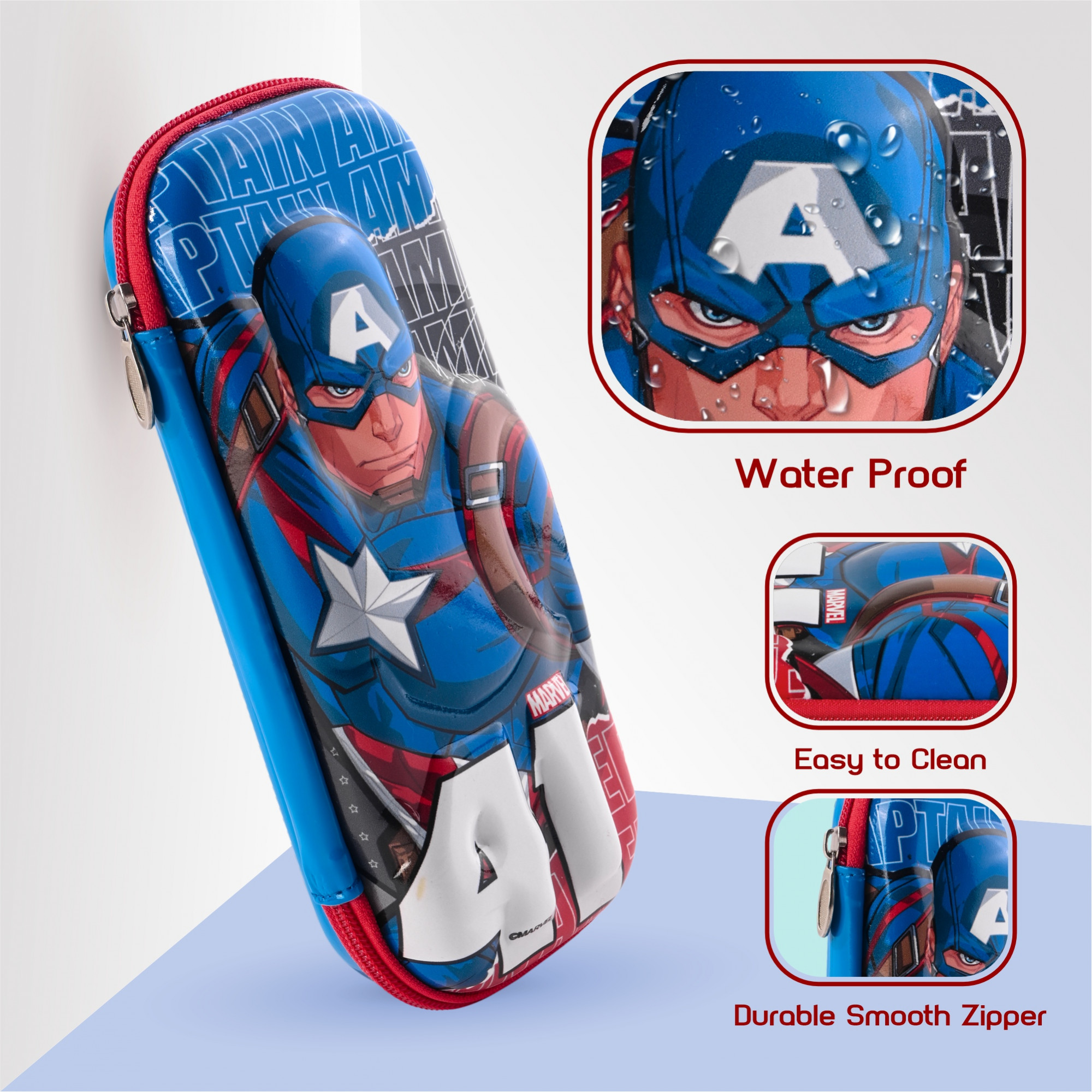 Kuber Industries 3D Pencil Box Boys for School with Zip  Kids Pencil Box for Girls - Ideal for Storing Pens  Erasers  Marvel Captain America Print - Red  Blue