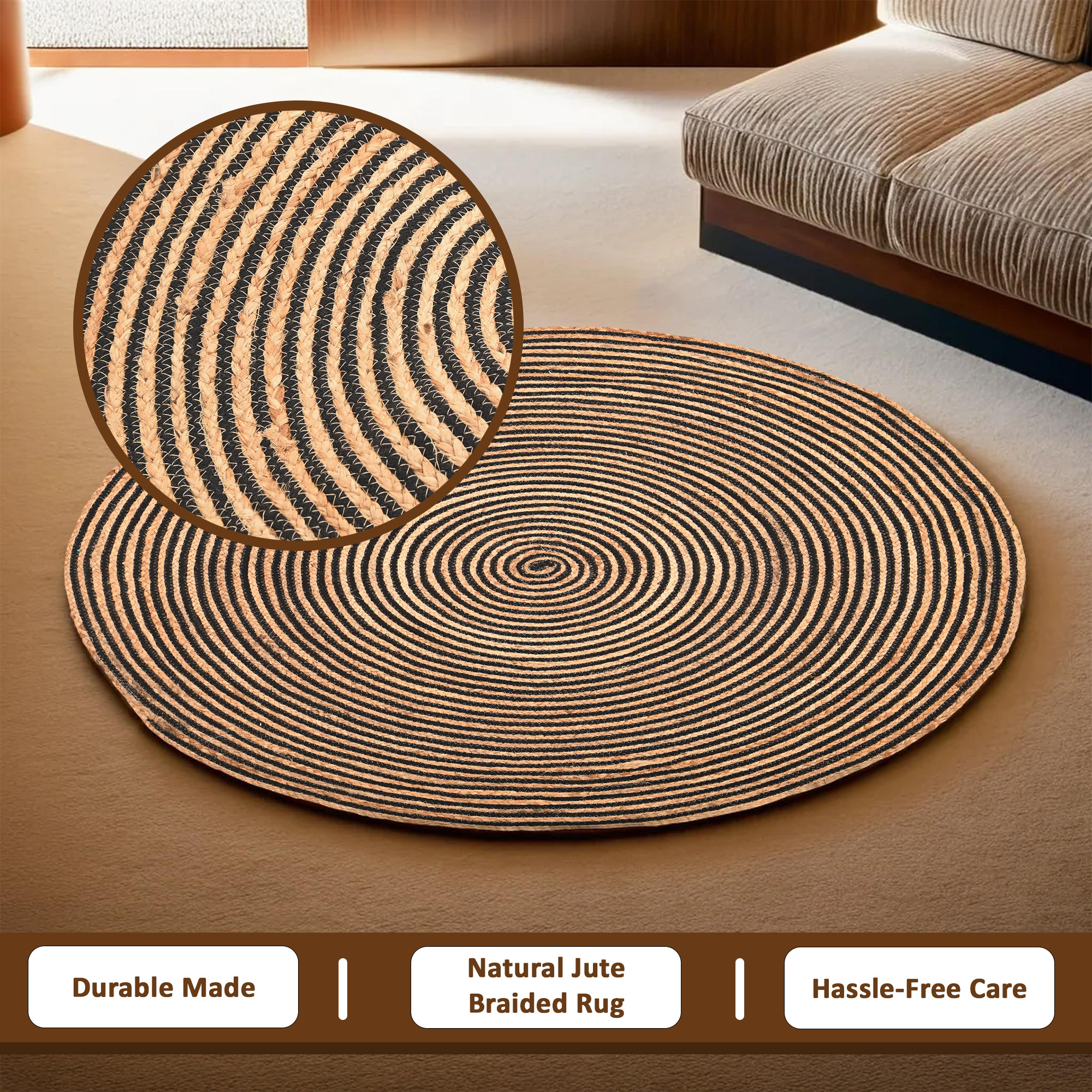Kuber Industries 3x3 Feet Round Jute Rug  Carpet for HomeBedroom  Aesthetic  Natural Looking Floor Rugs for Living Room  Spirals - Beige
