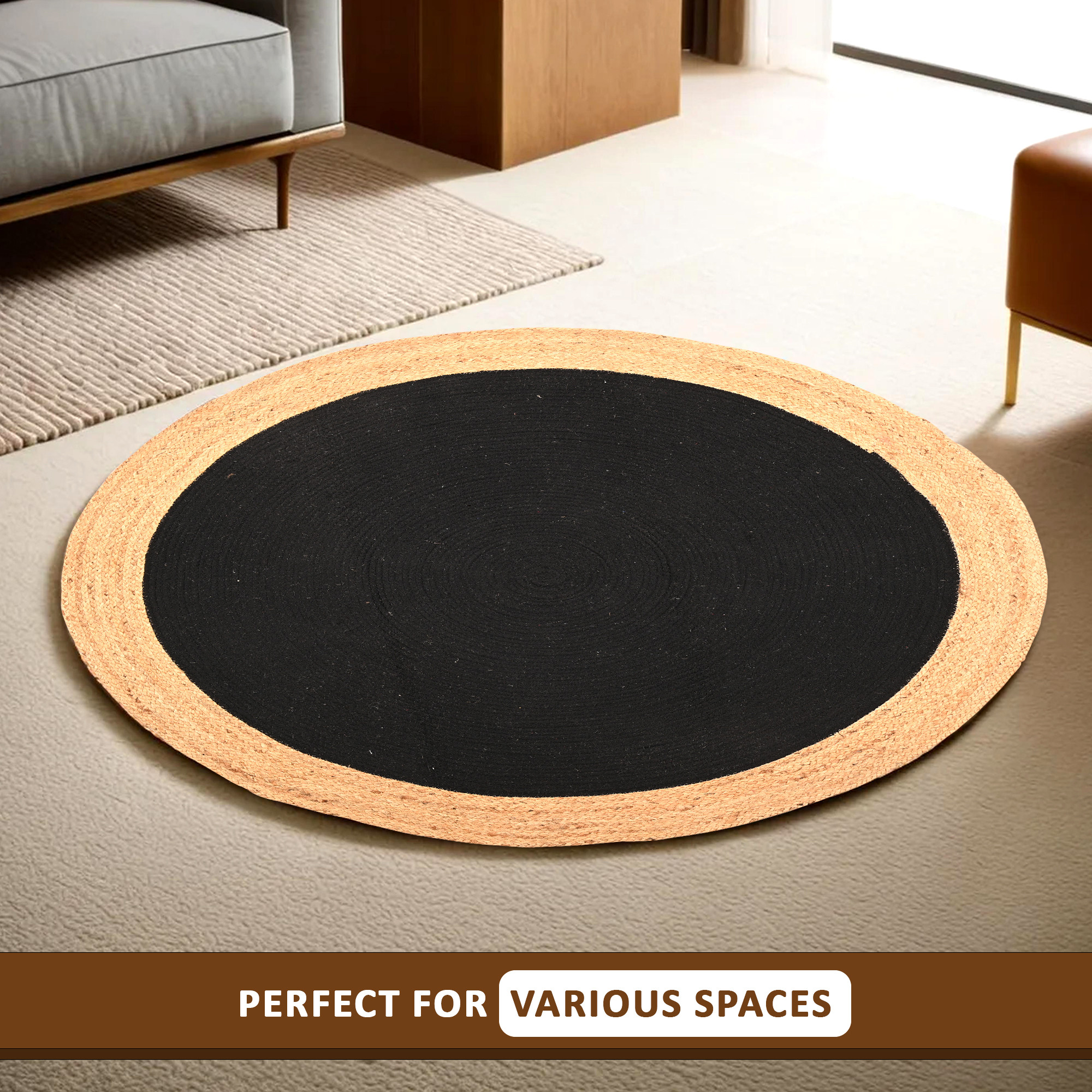 Kuber Industries 3x3 Feet Round Jute Rug  Carpet for HomeBedroom  Natural Looking Floor Rugs for Living Room  Light Brown  Black
