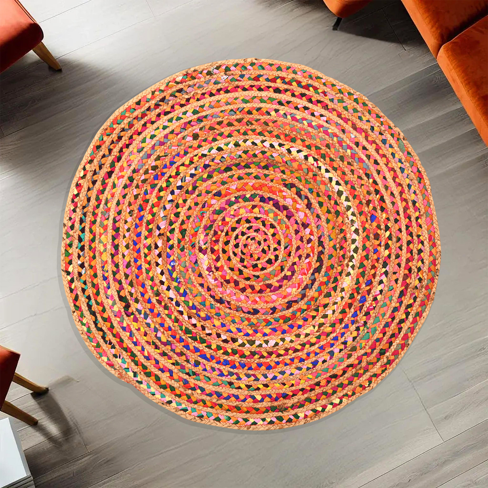 Kuber Industries 3x3 Feet Satranji Doubling Round Jute Rug  Carpet for Home  Bedroom  Aesthetic Floor Rugs for Living Room  Lines - Yellow