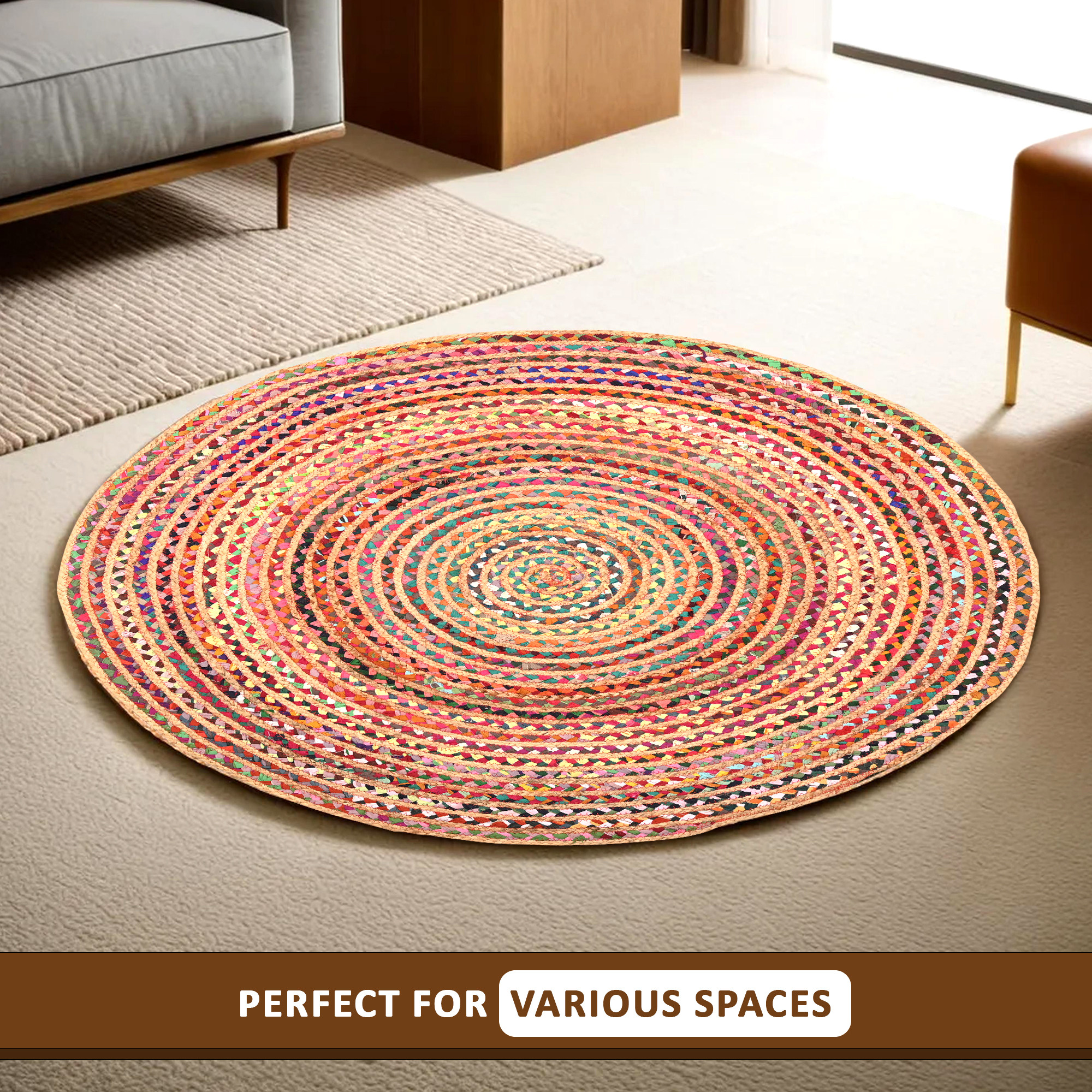 Kuber Industries 3x3 Feet Satranji Doubling Round Jute Rug  Carpet for Home  Bedroom  Aesthetic Floor Rugs for Living Room  Lines - Yellow