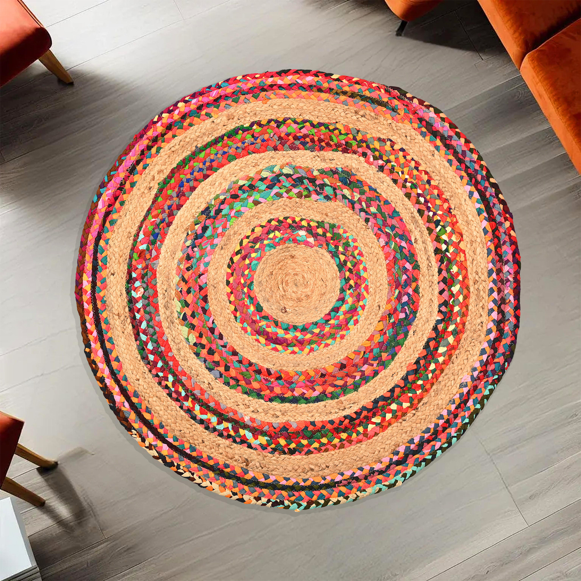 Kuber Industries 3x3 Feet Satranji Round Jute Rug  Carpet for Home  Bedroom  Aesthetic Non-Slip Floor Rugs for Living Room  Stripes - Pink
