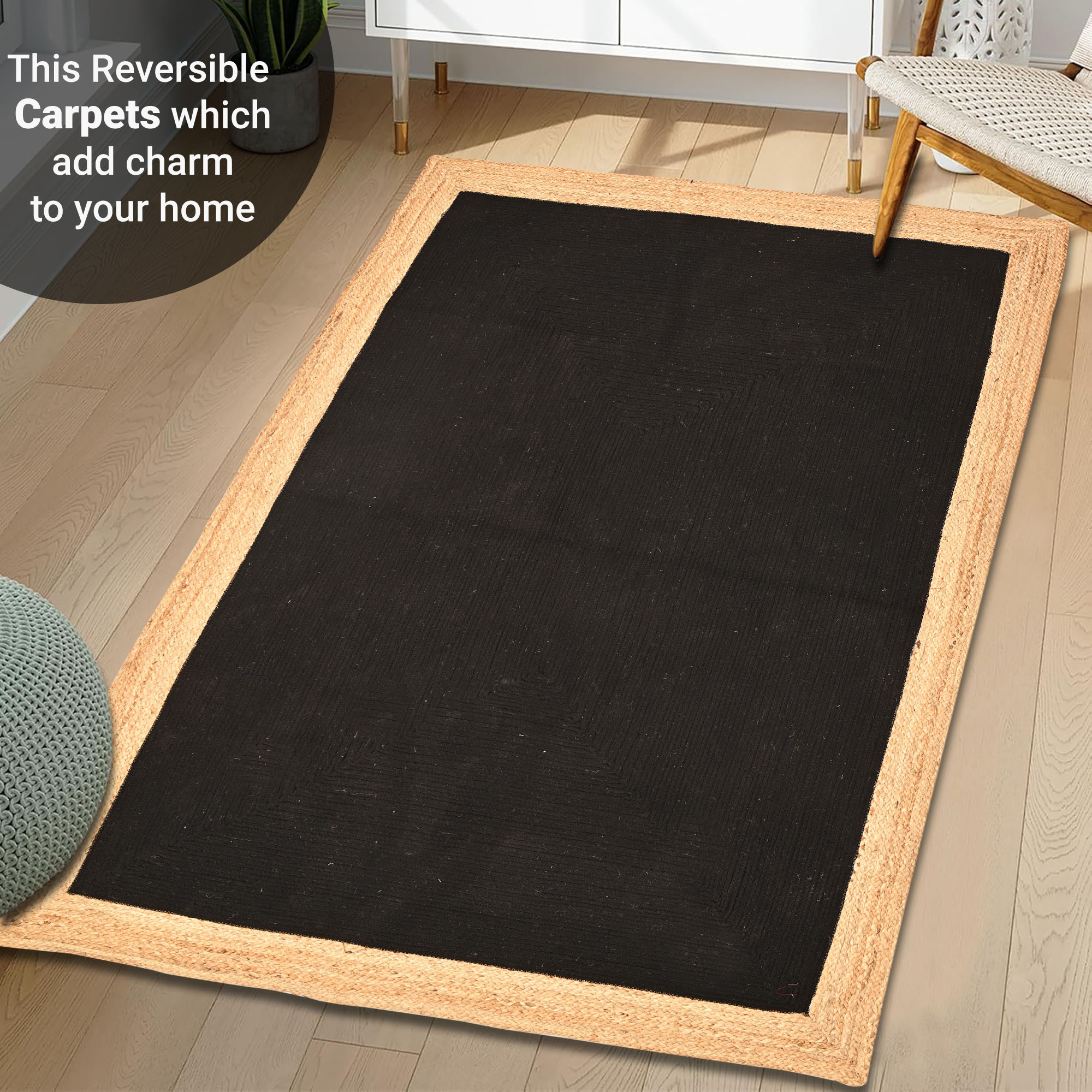 Kuber Industries 3x5 Feet Reversible Carpets for Living Room  Machine Washable Bedside Floor Rugs Mat for Bedroom Balcony  Drawing Room  Border - Black  Beige