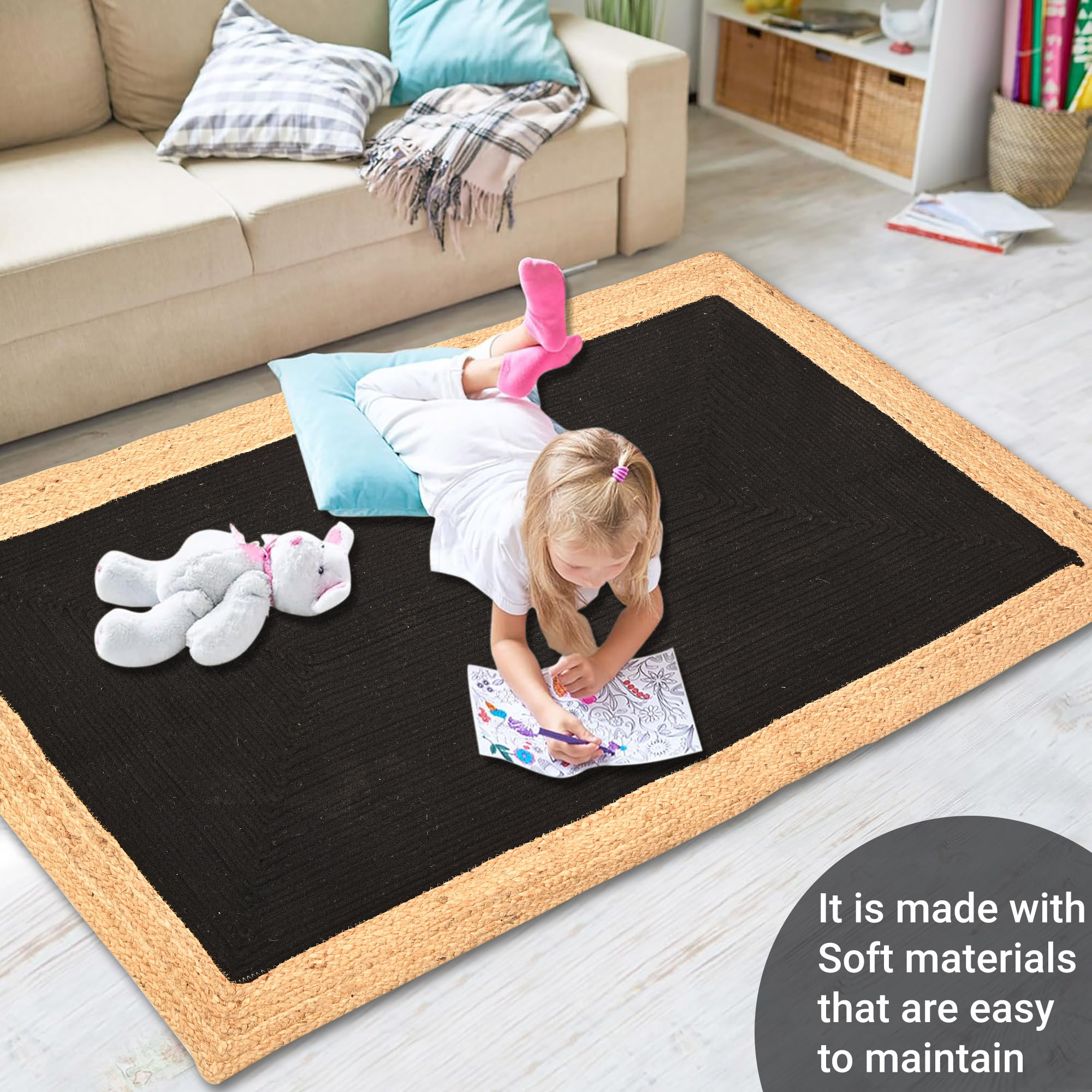 Kuber Industries 3x5 Feet Reversible Carpets for Living Room  Machine Washable Bedside Floor Rugs Mat for Bedroom Balcony  Drawing Room  Border - Black  Beige