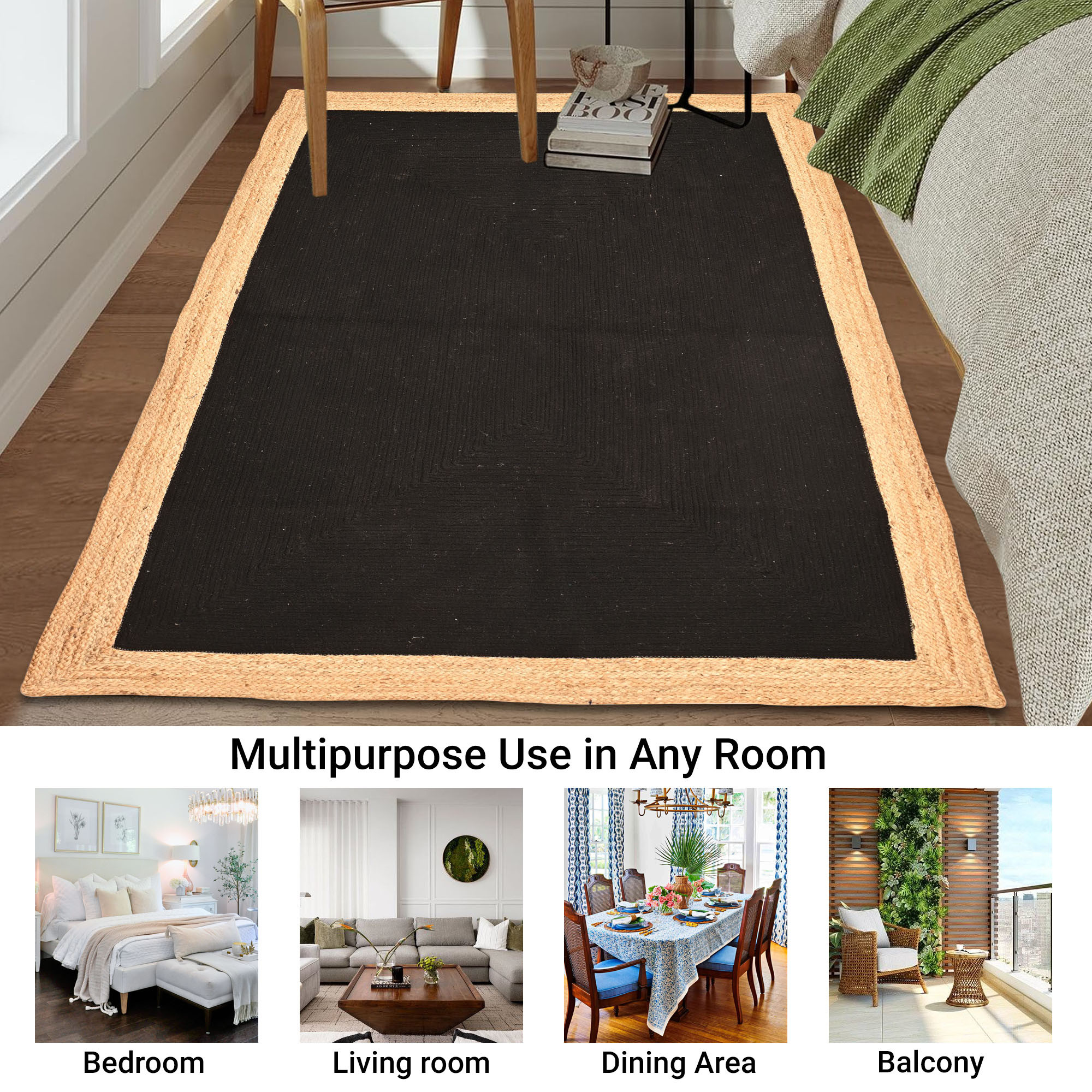 Kuber Industries 3x5 Feet Reversible Carpets for Living Room  Machine Washable Bedside Floor Rugs Mat for Bedroom Balcony  Drawing Room  Border - Black  Beige
