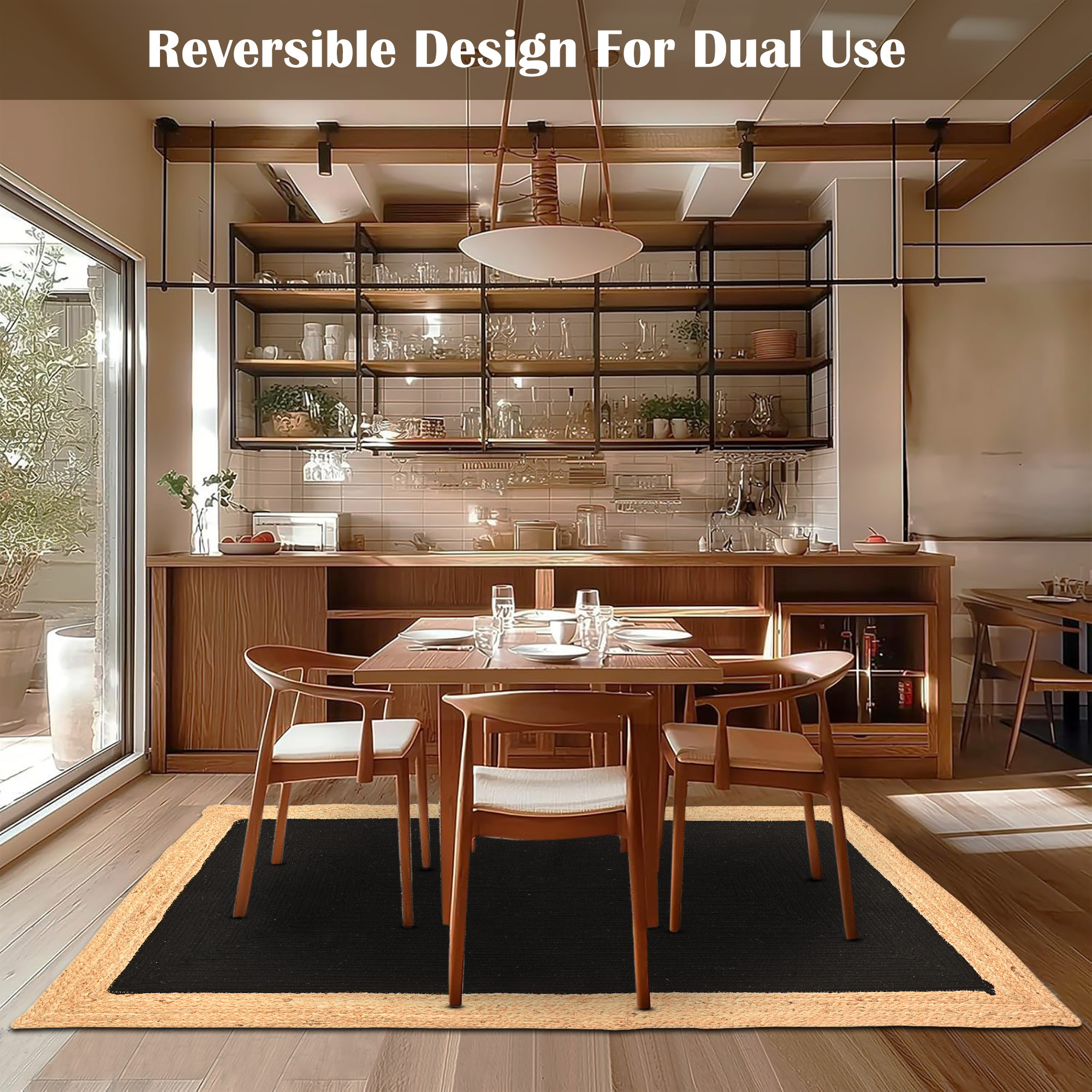 Kuber Industries 3x5 Feet Reversible Carpets for Living Room  Machine Washable Bedside Floor Rugs Mat for Bedroom Balcony  Drawing Room  Border - Black  Beige