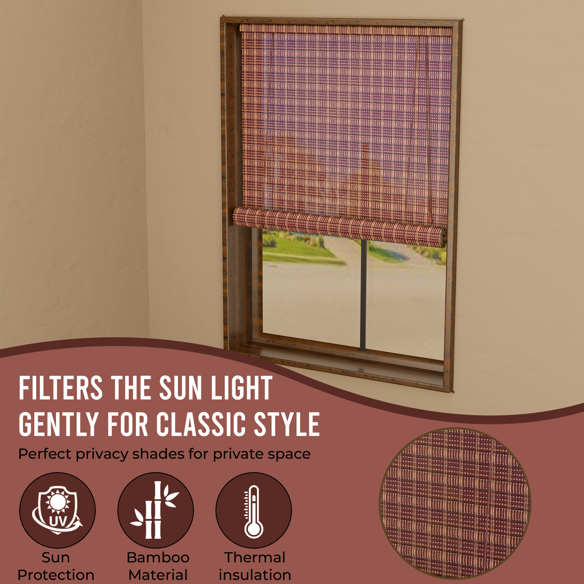 Kuber Industries 3x6 Ft Bamboo Curtains  Sunlight Dust Protection Kitchen Window Blinds for Home  Rope Roller Curtain Bamboo Chik Blinds for Balcony Restaurant Dhaba  Resort  Maroon