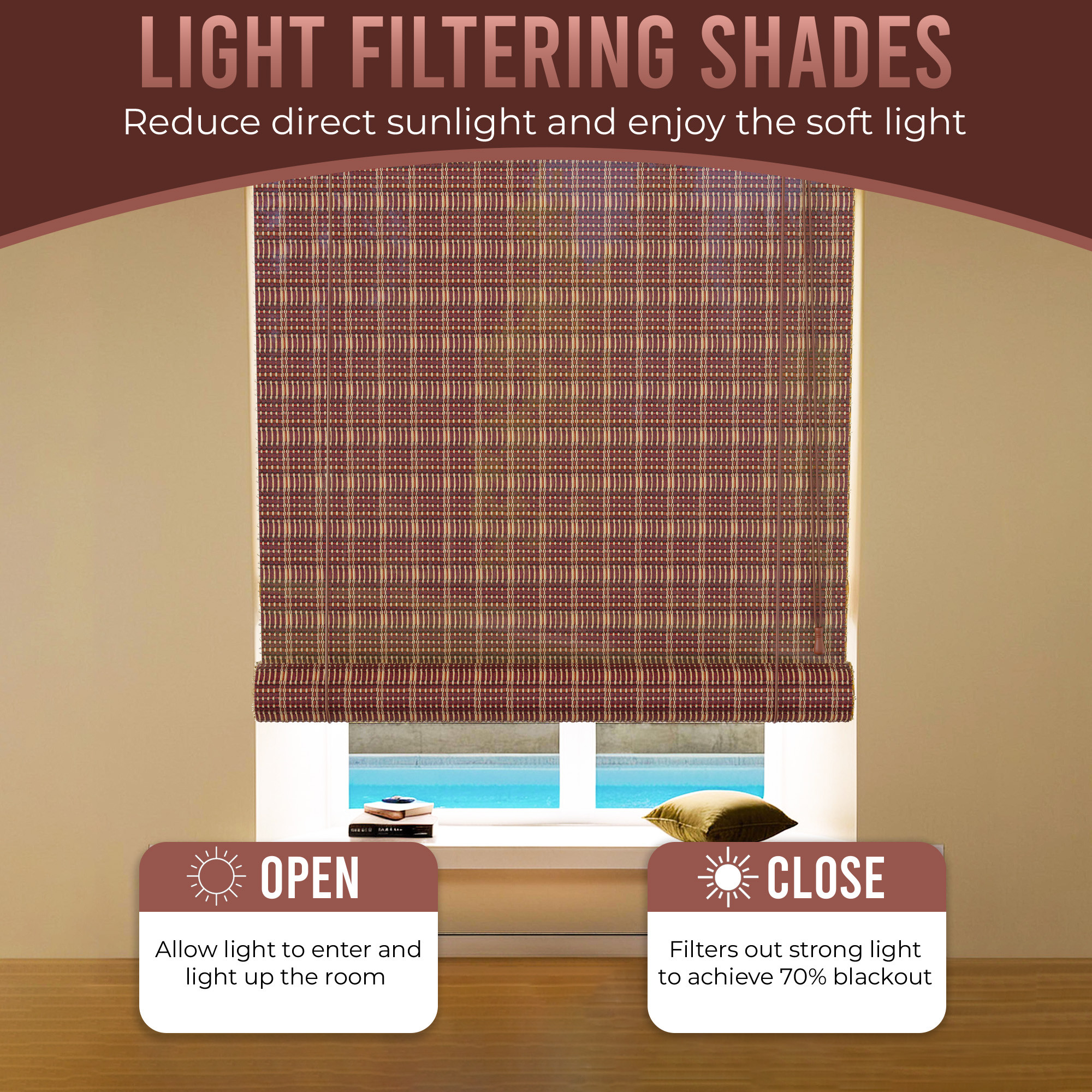 Kuber Industries 3x6 Ft Bamboo Curtains  Sunlight Dust Protection Kitchen Window Blinds for Home  Rope Roller Curtain Bamboo Chik Blinds for Balcony Restaurant Dhaba  Resort  Maroon