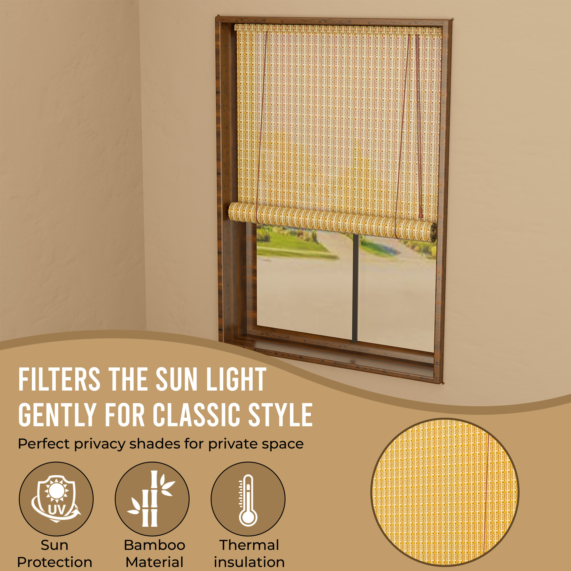 Kuber Industries 3x6 Ft Bamboo Curtains  Sunlight Dust Protection Kitchen Window Blinds for Home  Rope Roller Curtain Bamboo Chik Blinds for Balcony Restaurant Dhaba  Resort  Beige