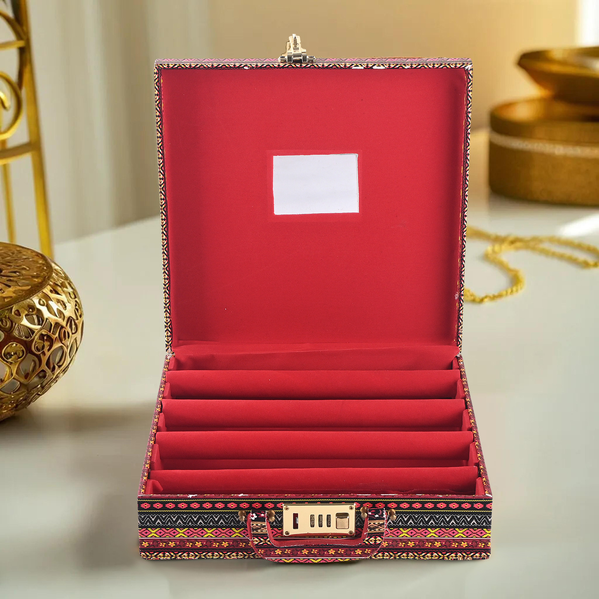 Kuber Industries 4 - Rod Removable Bangle Organiser Storage Box with Number Lock  Wedding Jewellery Organizer Case with Handle  Bangle Box for Women with Mirror  Stripes - Multicolor