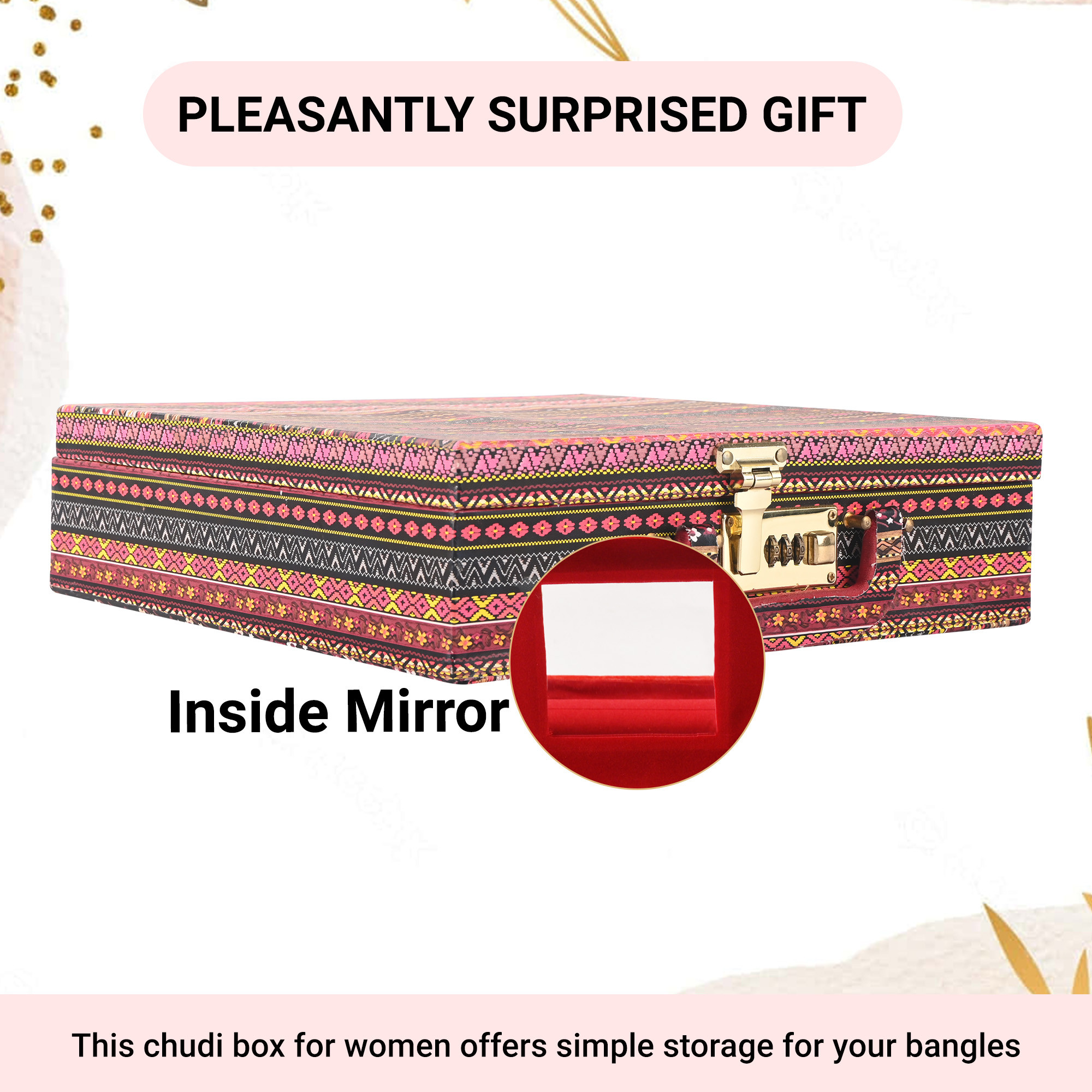 Kuber Industries 4 - Rod Removable Bangle Organiser Storage Box with Number Lock  Wedding Jewellery Organizer Case with Handle  Bangle Box for Women with Mirror  Stripes - Multicolor