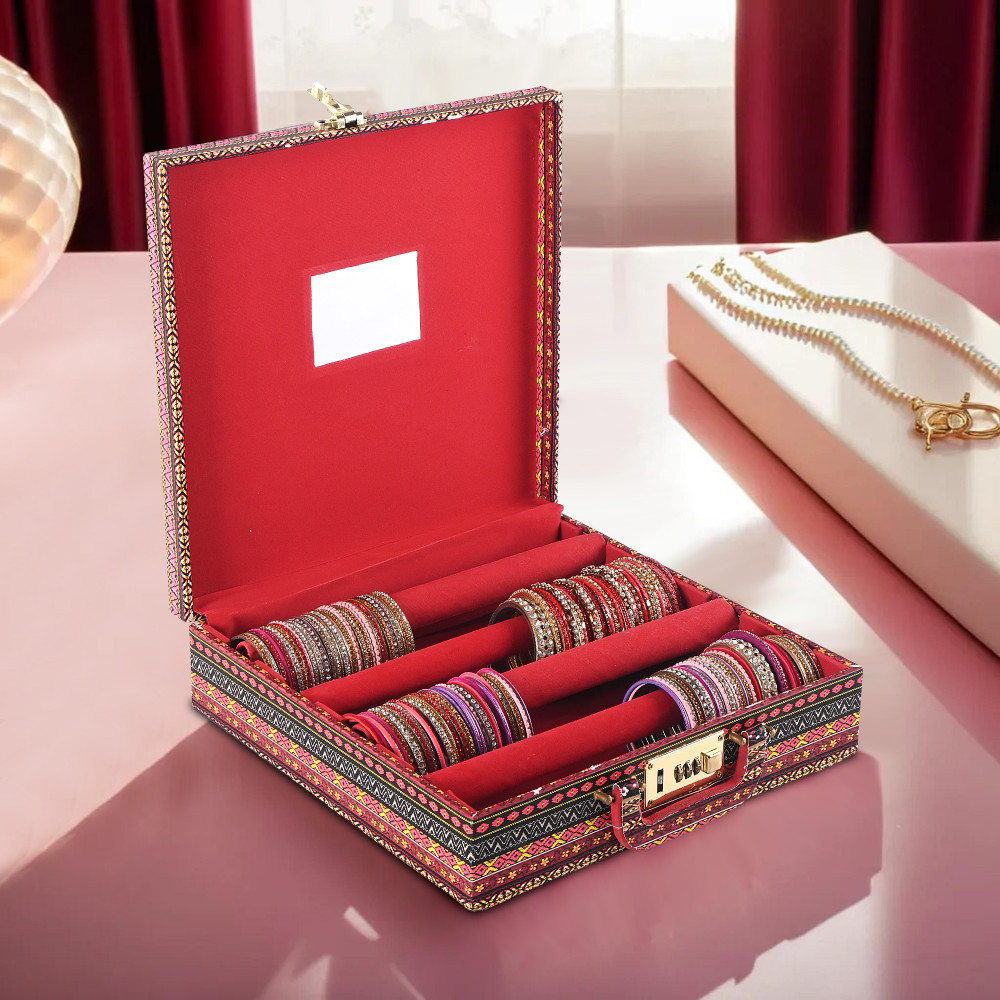 Image of Kuber Industries 4 - Rod Removable Bangle Organiser Storage Box with Number Lock | Wedding Jewellery Organizer Case with Handle &amp; Bangle Box for Women with Mirror | Stripes - Multicolor