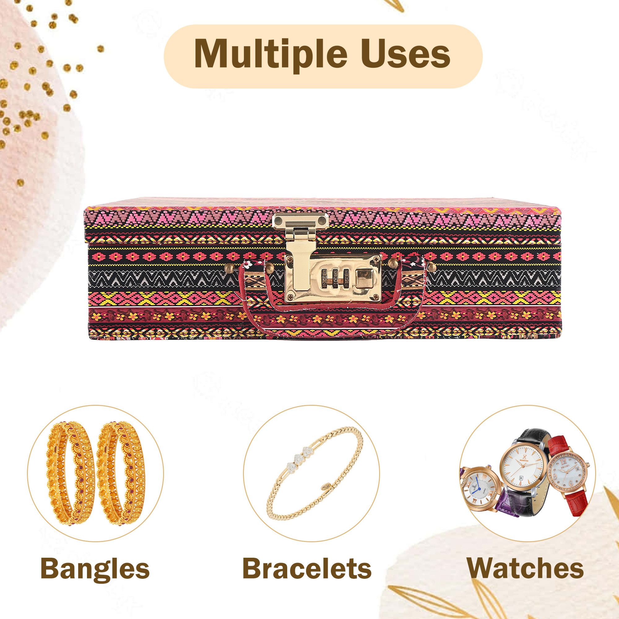 Kuber Industries 4 - Rod Removable Bangle Organiser Storage Box with Number Lock  Wedding Jewellery Organizer Case with Handle  Bangle Box for Women with Mirror  Stripes - Multicolor