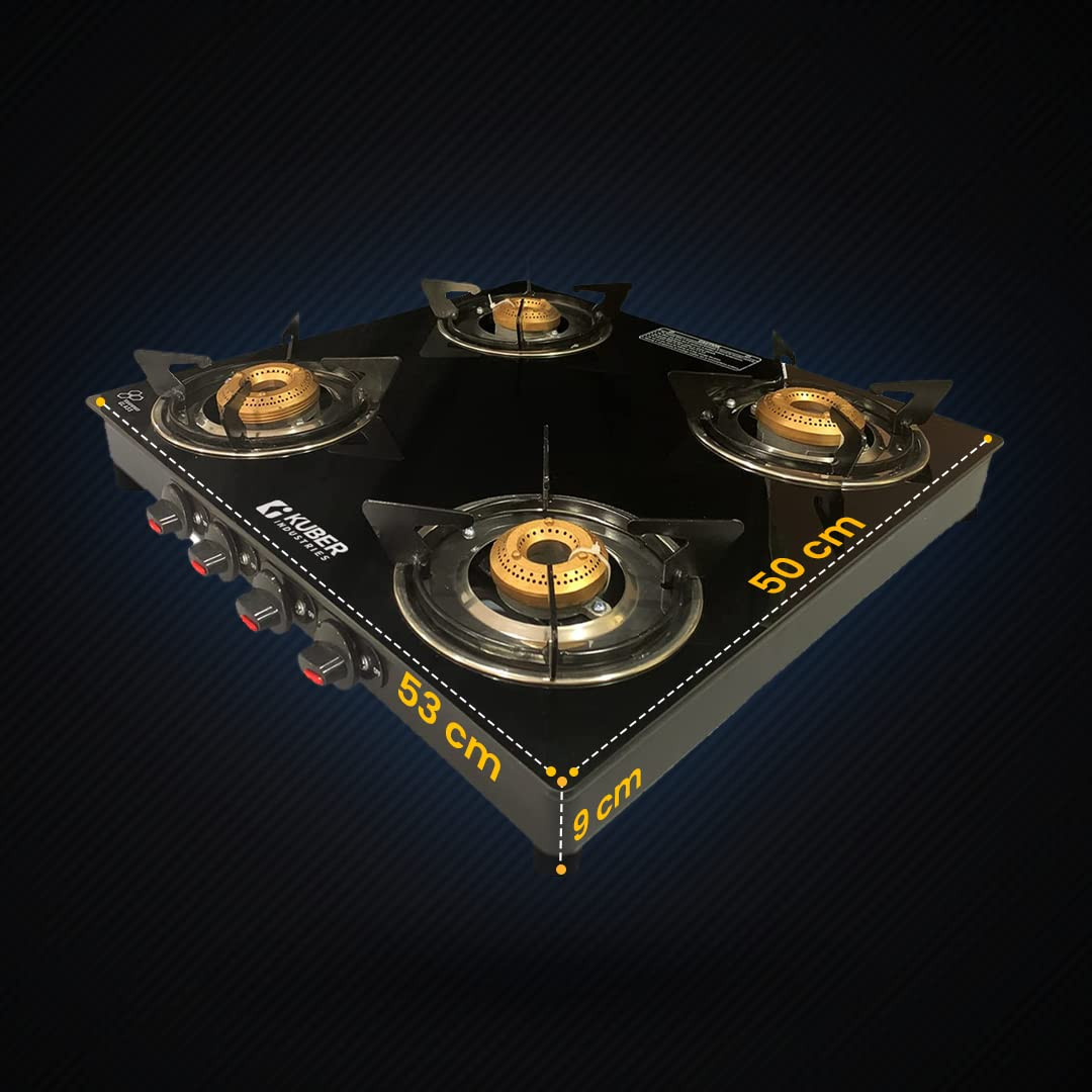 Kuber Industries 4 Burner Gas Stove | Toughened Glass Top I Manual Ignition & Cast Iron Burner | Easy to Clean, Wobble Free Pan Support Stand | Break Resistant | Black (ISI Certified)
