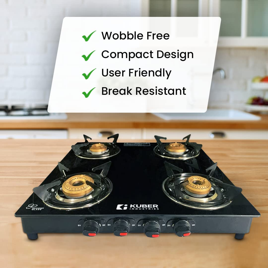 Kuber Industries 4 Burner Gas Stove | Toughened Glass Top I Manual Ignition & Cast Iron Burner | Easy to Clean, Wobble Free Pan Support Stand | Break Resistant | Black (ISI Certified)