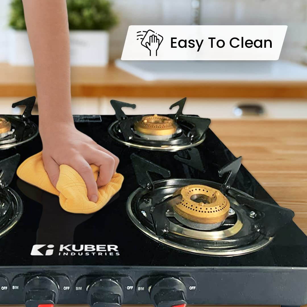 Kuber Industries 4 Burner Gas Stove | Toughened Glass Top I Manual Ignition & Cast Iron Burner | Easy to Clean, Wobble Free Pan Support Stand | Break Resistant | Black (ISI Certified)