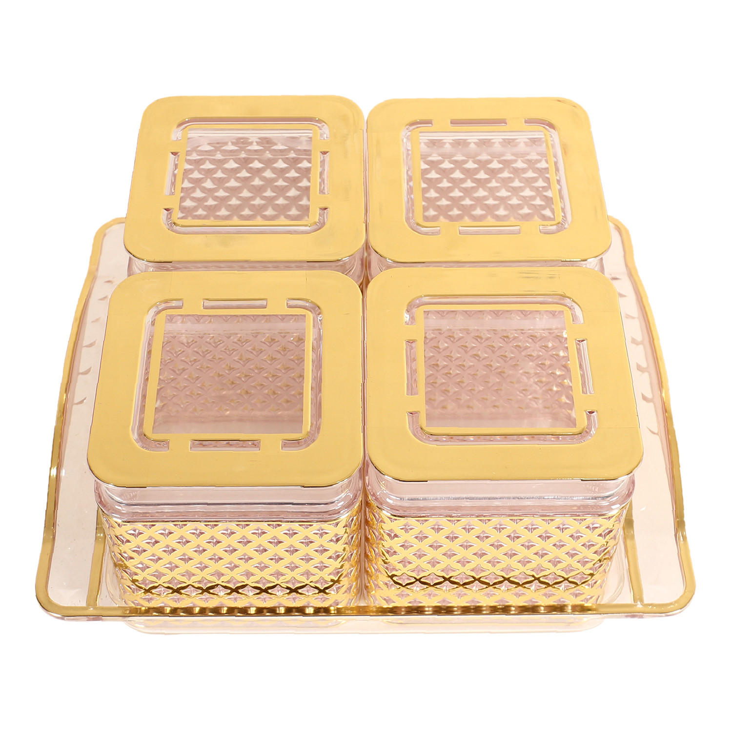 Kuber Industries 4 Containers  Tray SetUnbreakable Gold Plated Plastic SnackersCookiesNuts Serving TrayAirtight Containers with Lid400 ml Gold