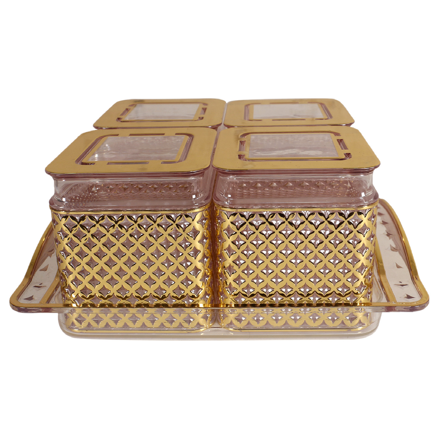 Kuber Industries 4 Containers  Tray SetUnbreakable Gold Plated Plastic SnackersCookiesNuts Serving TrayAirtight Containers with Lid400 ml Gold