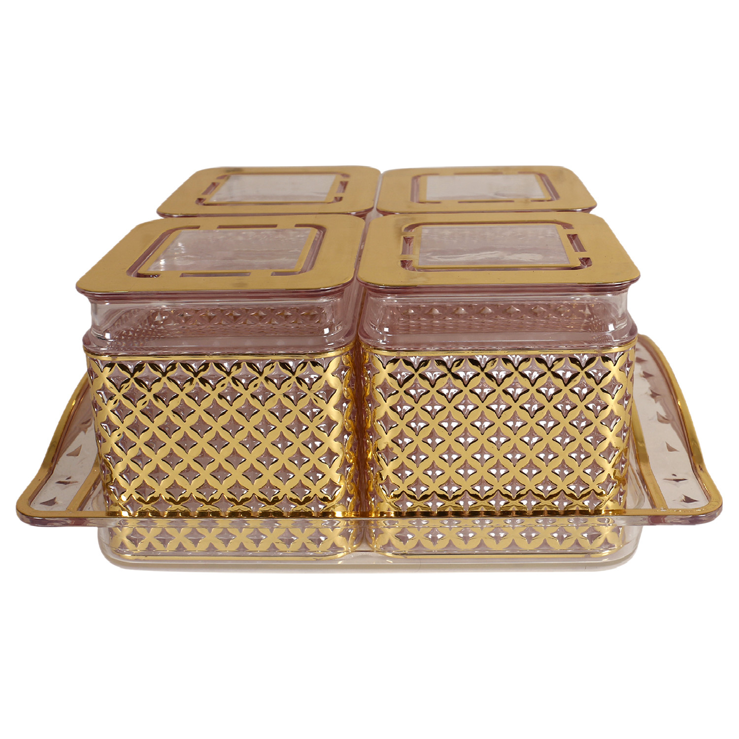 Kuber Industries 4 Containers & Tray Set|Unbreakable Gold Plated Plastic Snackers,Cookies,Nuts Serving Tray|Airtight Containers with Lid,400 ml (Gold)