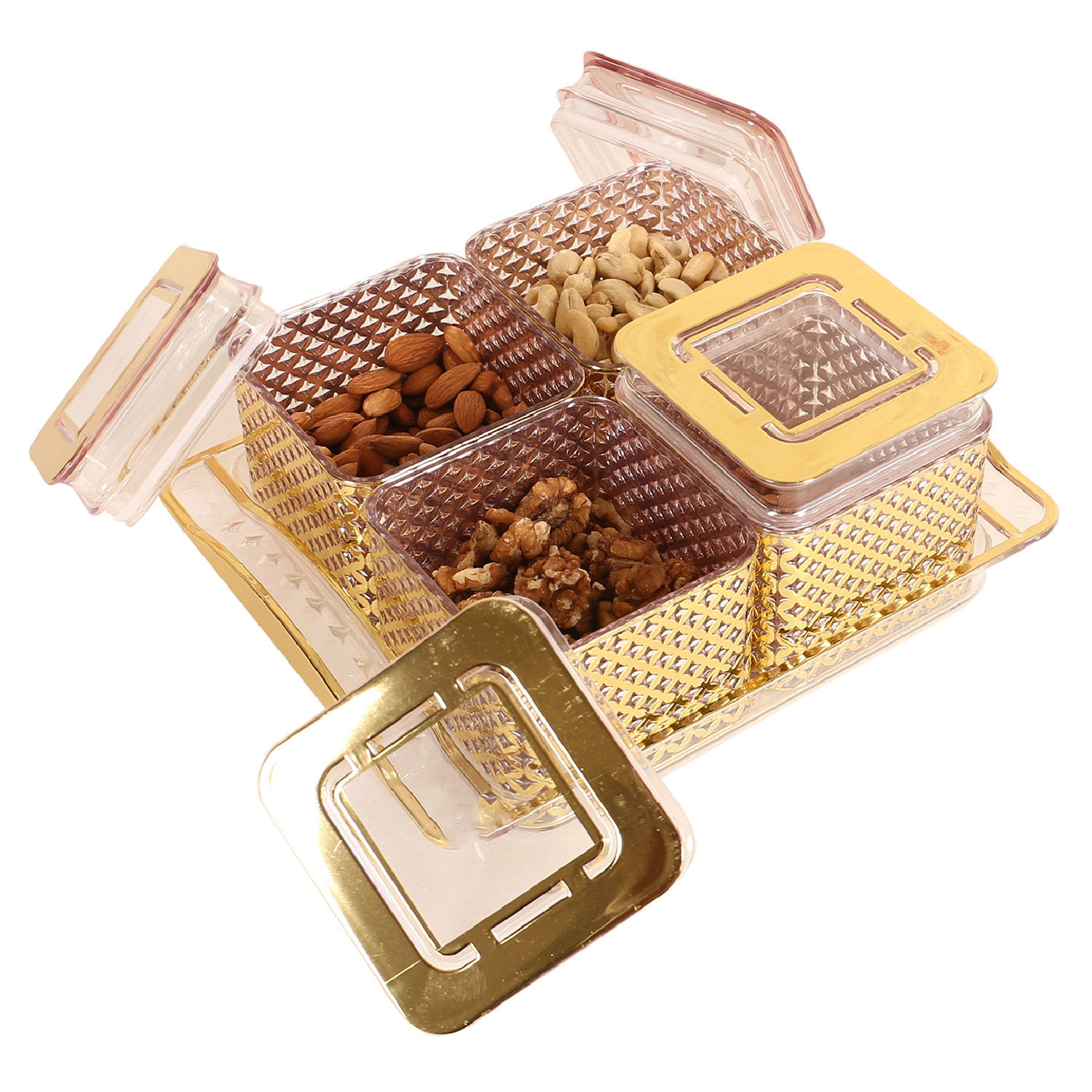 Kuber Industries 4 Containers  Tray SetUnbreakable Gold Plated Plastic SnackersCookiesNuts Serving TrayAirtight Containers with Lid400 ml Gold