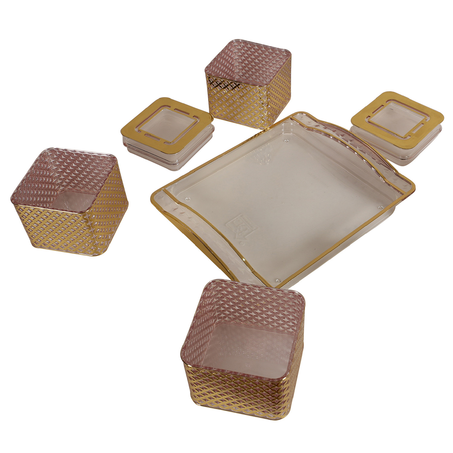 Kuber Industries 4 Containers  Tray SetUnbreakable Gold Plated Plastic SnackersCookiesNuts Serving TrayAirtight Containers with Lid400 ml Gold