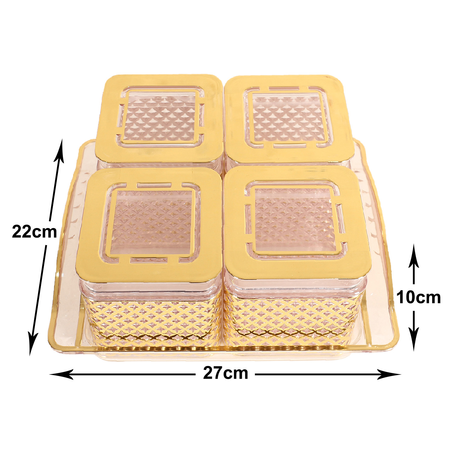 Kuber Industries 4 Containers  Tray SetUnbreakable Gold Plated Plastic SnackersCookiesNuts Serving TrayAirtight Containers with Lid400 ml Gold