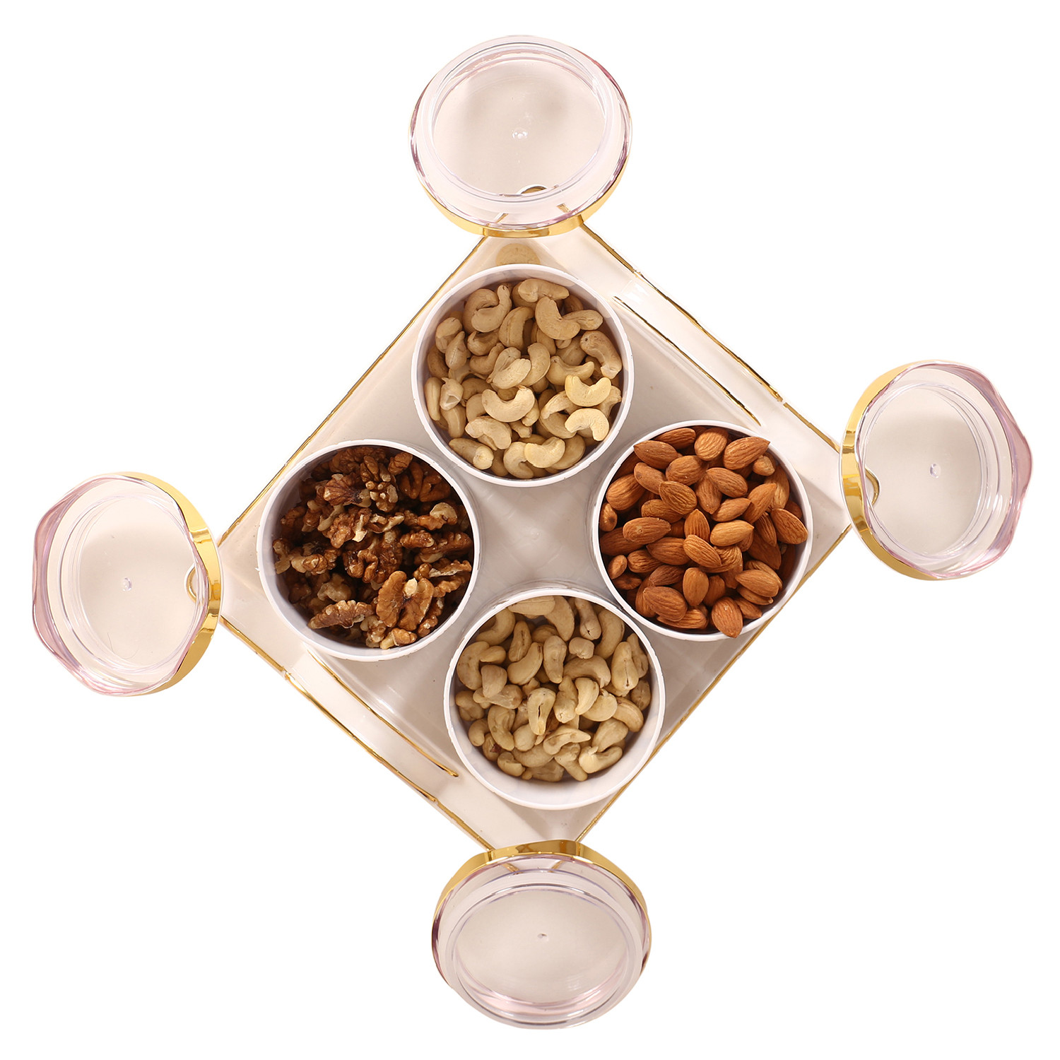 Kuber Industries 4 Containers & Tray Set|Unbreakable Plastic Snackers,Cookies,Nuts Serving Bowls|Airtight Containers with Lid,350 ml (White)