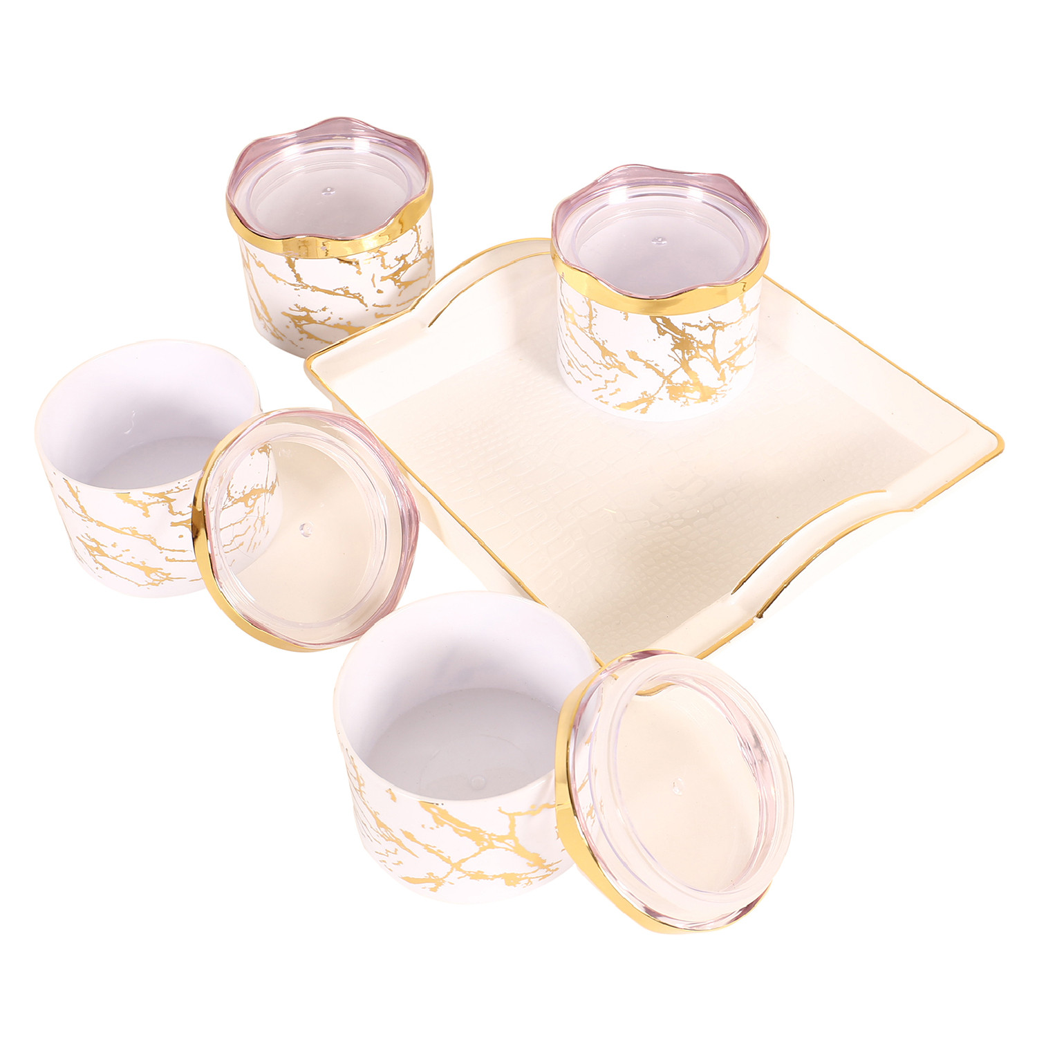 Kuber Industries 4 Containers & Tray Set|Unbreakable Plastic Snackers,Cookies,Nuts Serving Bowls|Airtight Containers with Lid,350 ml (White)