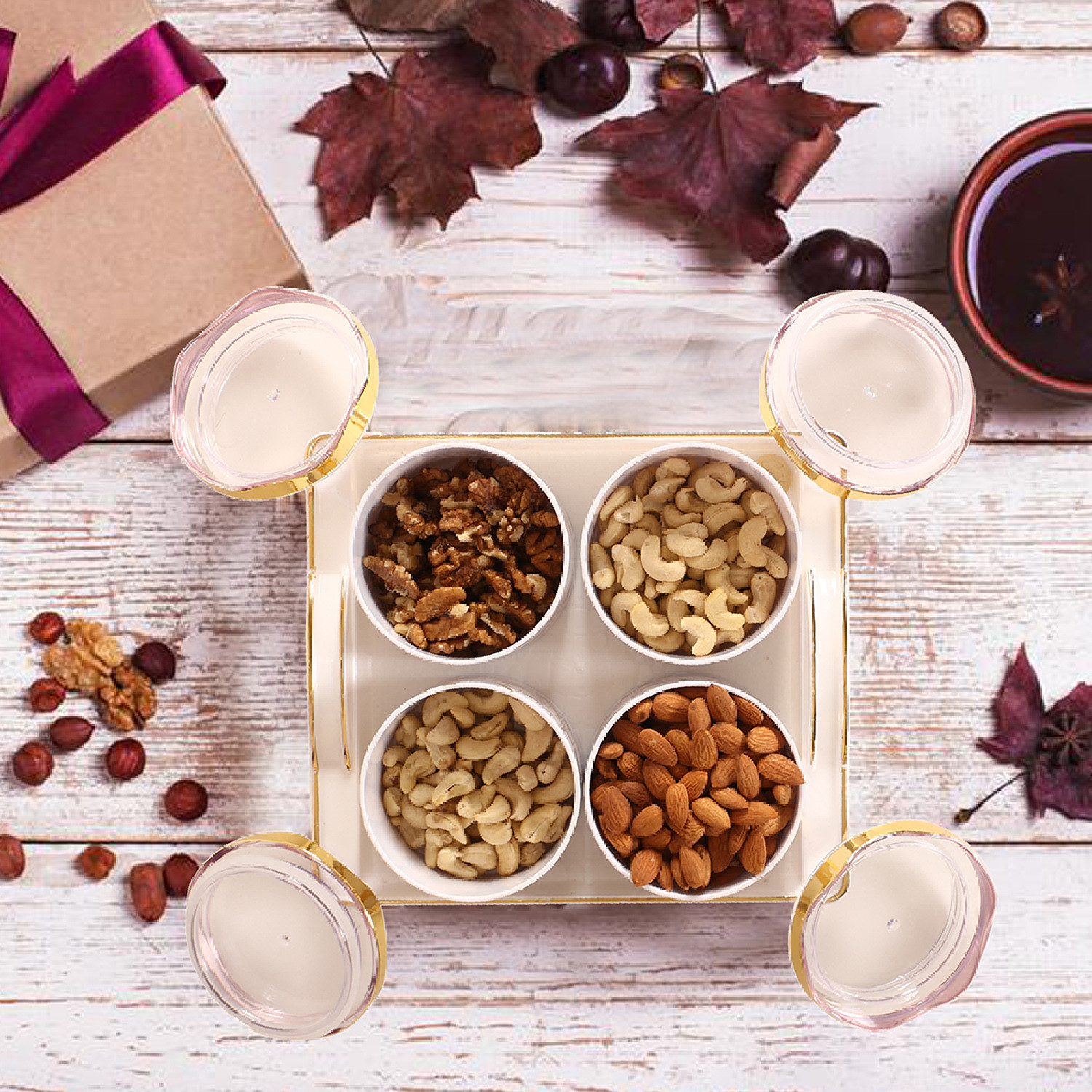 Kuber Industries 4 Containers & Tray Set|Unbreakable Plastic Snackers,Cookies,Nuts Serving Bowls|Airtight Containers with Lid,350 ml (White)