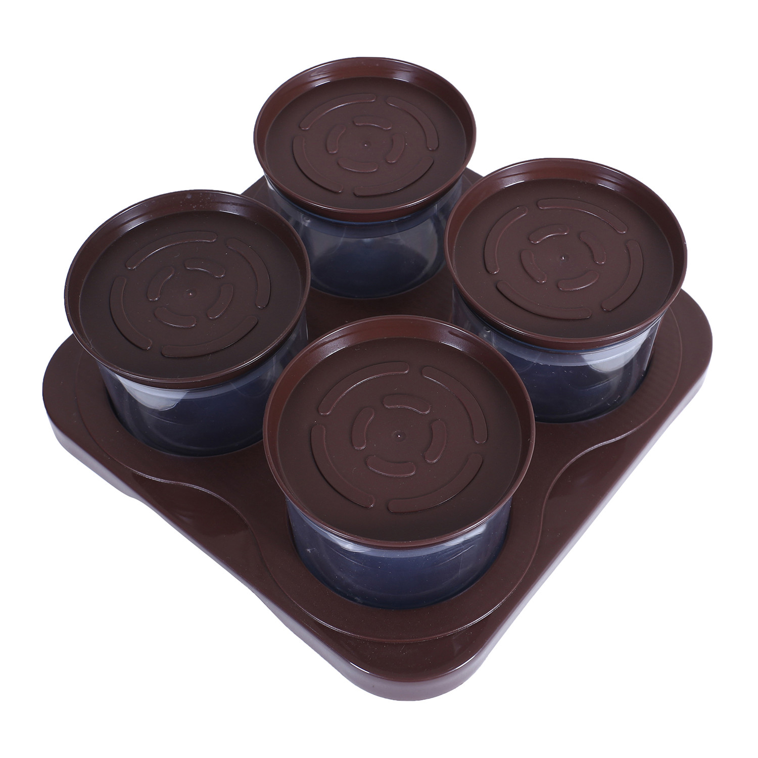 Kuber Industries 4 Containers & Tray Set|Unbreakable Plastic Snackers,Cookies,Nuts Serving Tray|Airtight Containers with Lid,350 ml (Brown)