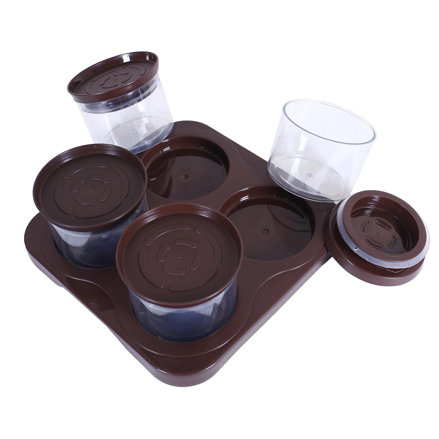 Kuber Industries 4 Containers & Tray Set|Unbreakable Plastic Snackers,Cookies,Nuts Serving Tray|Airtight Containers with Lid,350 ml (Brown)