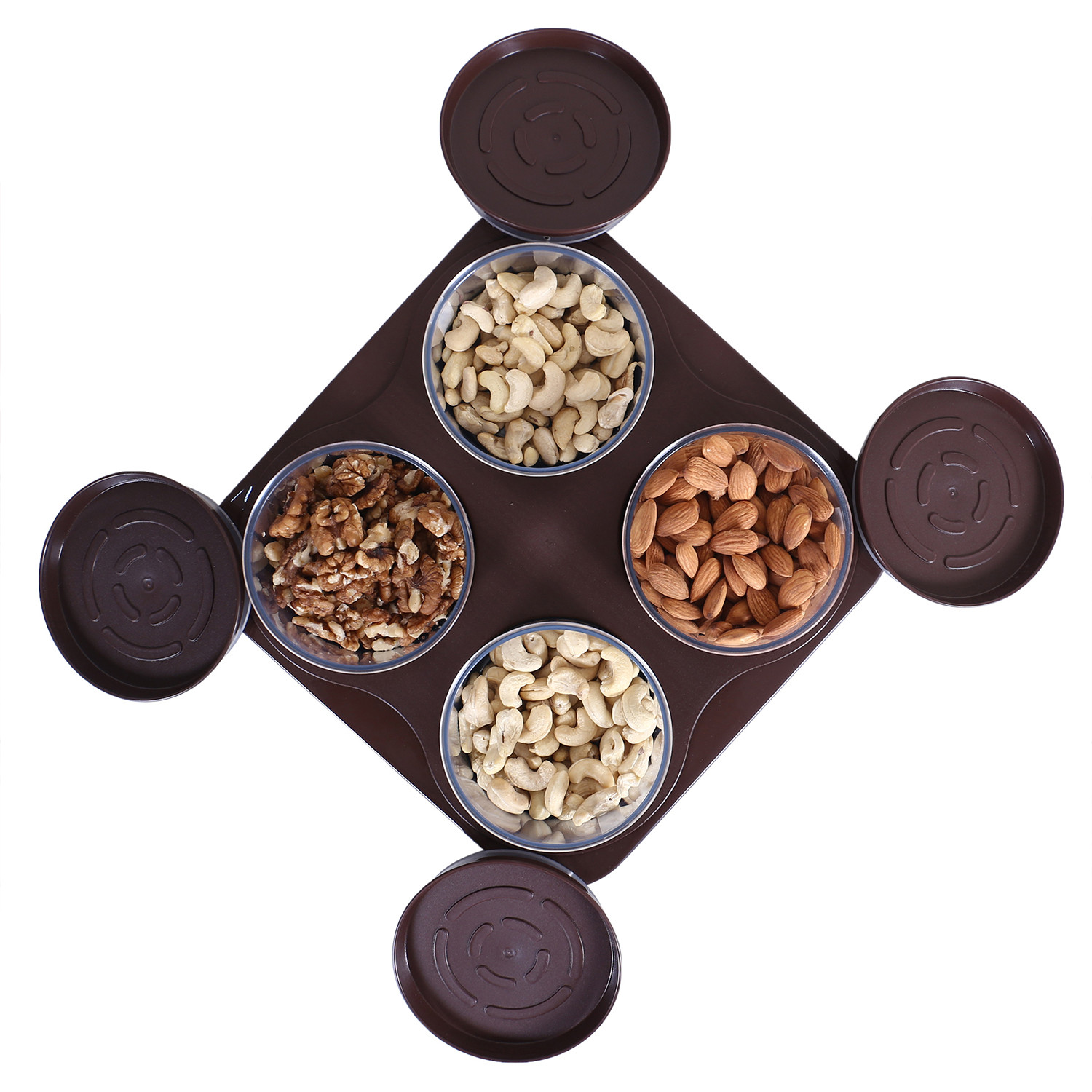 Kuber Industries 4 Containers & Tray Set|Unbreakable Plastic Snackers,Cookies,Nuts Serving Tray|Airtight Containers with Lid,350 ml (Brown)